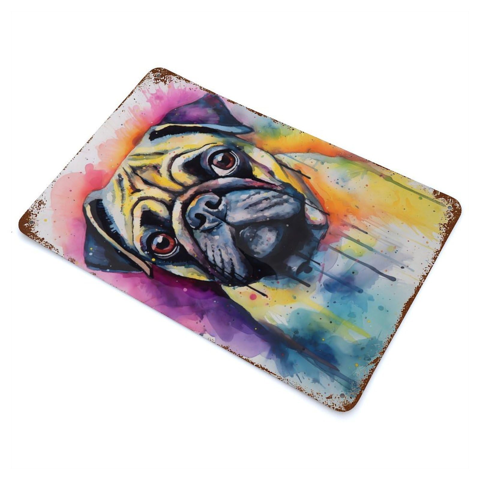 Pug Dog Watercolor 11.8"x7.9" Rustic Tin Plaque, Industrial Home Decor for Farmhouse, Kitchen And Entryway Decor