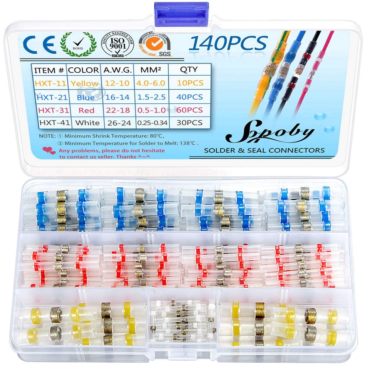 140 PCS Solder Seal Wire Connectors - Sopoby Electrical Heat Shrink Butt Connectors - Insulated Waterproof Solder Terminal Kit Marine Automotive Home Wiring