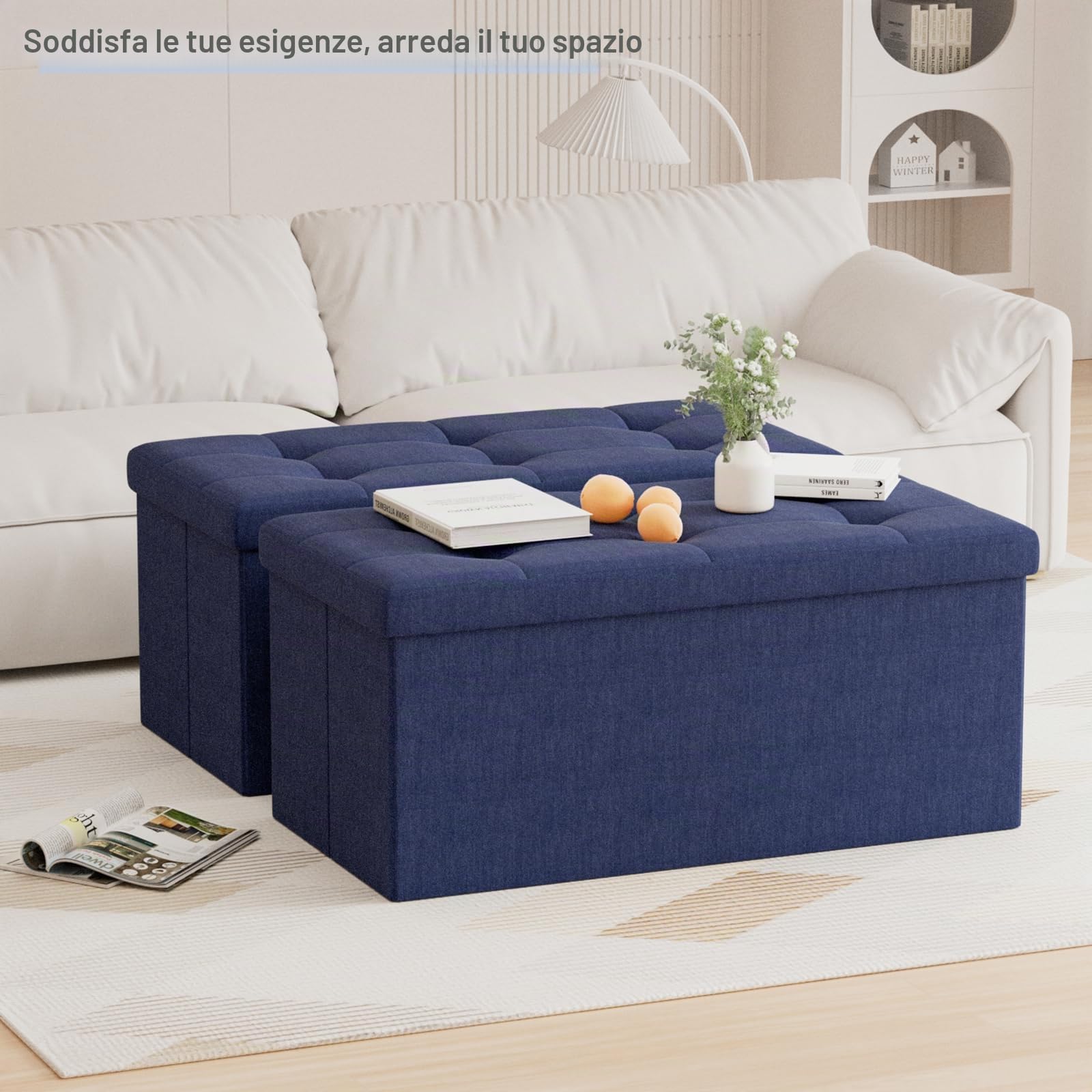 BRIAN & DANY Pouf Puff Pieghevole Stoccaggio Ottomano Poggiapiedi Sgabello Contenitore Cassapanca Pieghevole, Blu Navy - Tessuto Come Lino, 76 x 38 x 38 cm