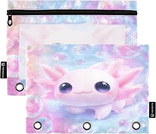 Cartoon Pink Bubble Axolotl Pencil Pouch for 3 Ring Binder Pencil Bag with Zipper 2 Pack Animal Pencil Case Waterproof with Clear Window for School Office Supplies
