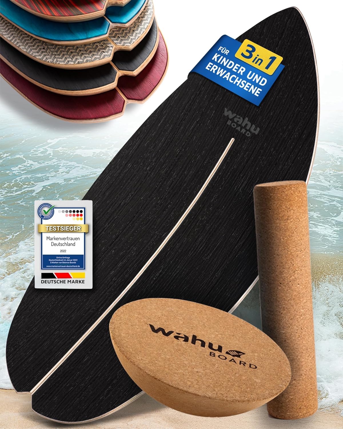 WAHU Balance Board Black Schwarz | 3in1 Set | Surf Balance Board aus 100% Holz mit Rocker Shape & Rolle | Gleichgewichtstrainer für Kinder & Erwachsene | Fitness & Spaß Zuhause