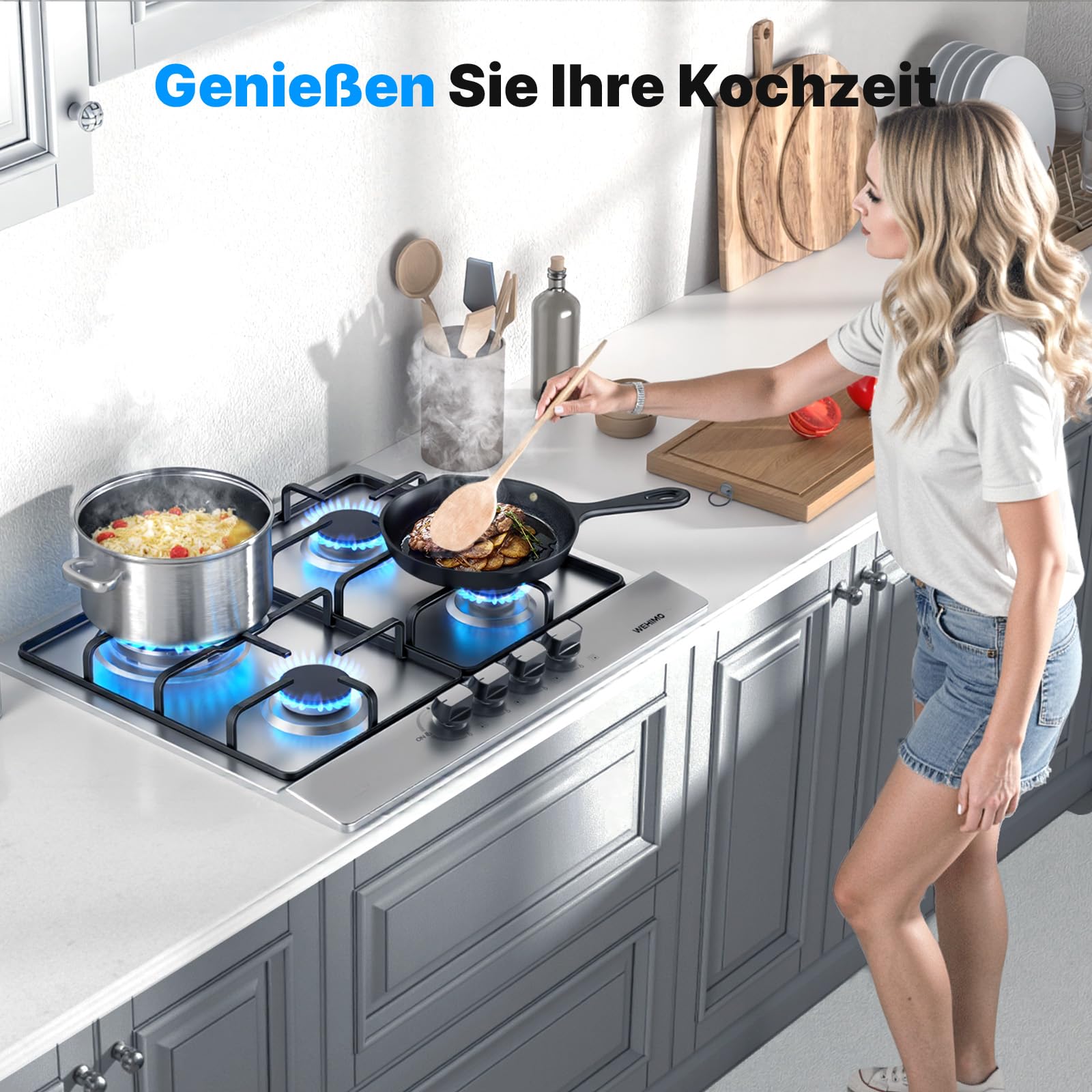 WEHIMO Domino płyta gazowa, 4-palnikowa płyta gazowa do zabudowy, 59 cm, 7200 W, 4 strefy grzewcze (2700 W + 1750 W + 1750 W + 1000 W), do wszystkich garnków