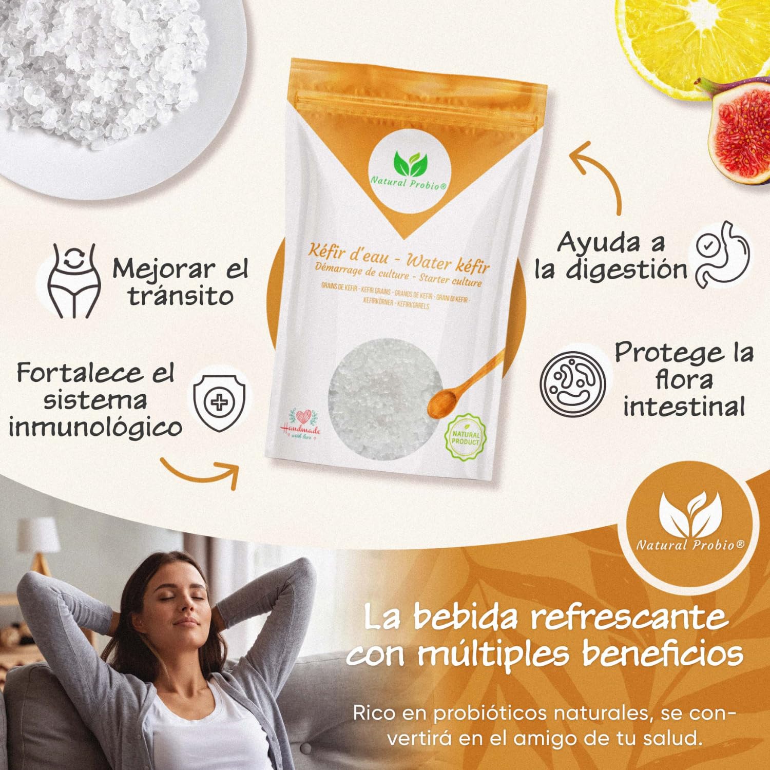 Natural Probio® Kéfir de agua - Kit de inicio de cultivo - Granos de kéfir de frutas + Instrucciones completas, receta y consejos + Acceso a Ebook y recetas (10g deshidratado / 60g rehidratado)