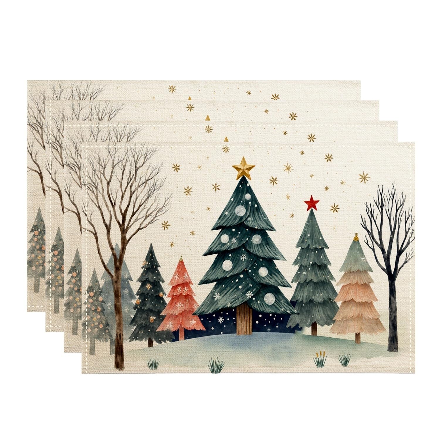 Christmas Tree Placemats, Watercolor Winter Place Mats for Dining Table, Holiday Non-Slip Washable Indoor Outdoor Kitchen Party Decorative Placemat Set of 4