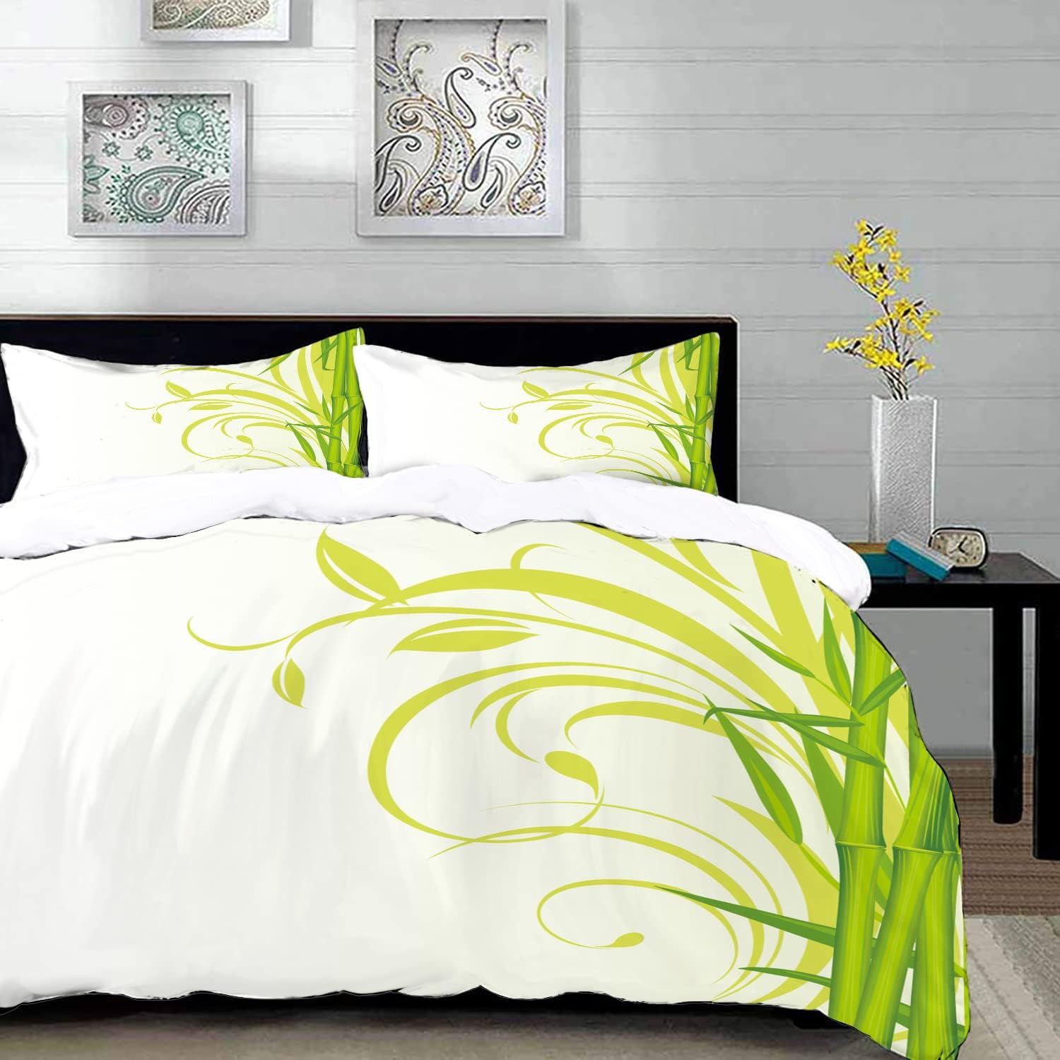 Bedding Juego de Funda de Edredón,Verde, bambú con Hojas rizadas Florales artísticas, jardín Zen asiático Feng Shui, Verde Lima, ve,Microfibra Funda de Nórdico (Cama 240 * 260 cm + Almohada 50X80 cm)