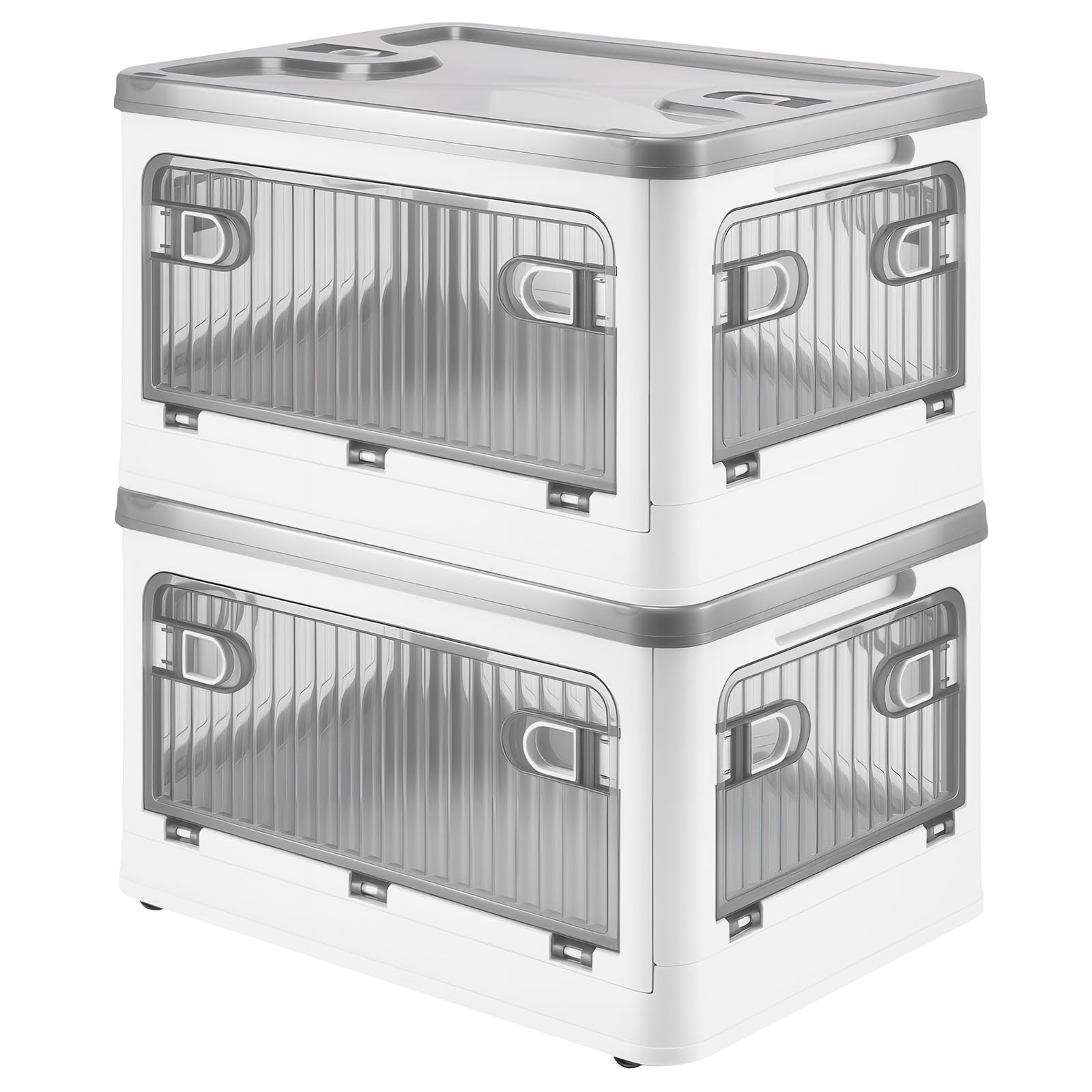 GreenWhim 2 Pack 28L Folding Storage Boxes with Lids and Wheels, Stackable Plastic Organizer Bins with Front Doors for Bedroom Closet Living Room Office (White)