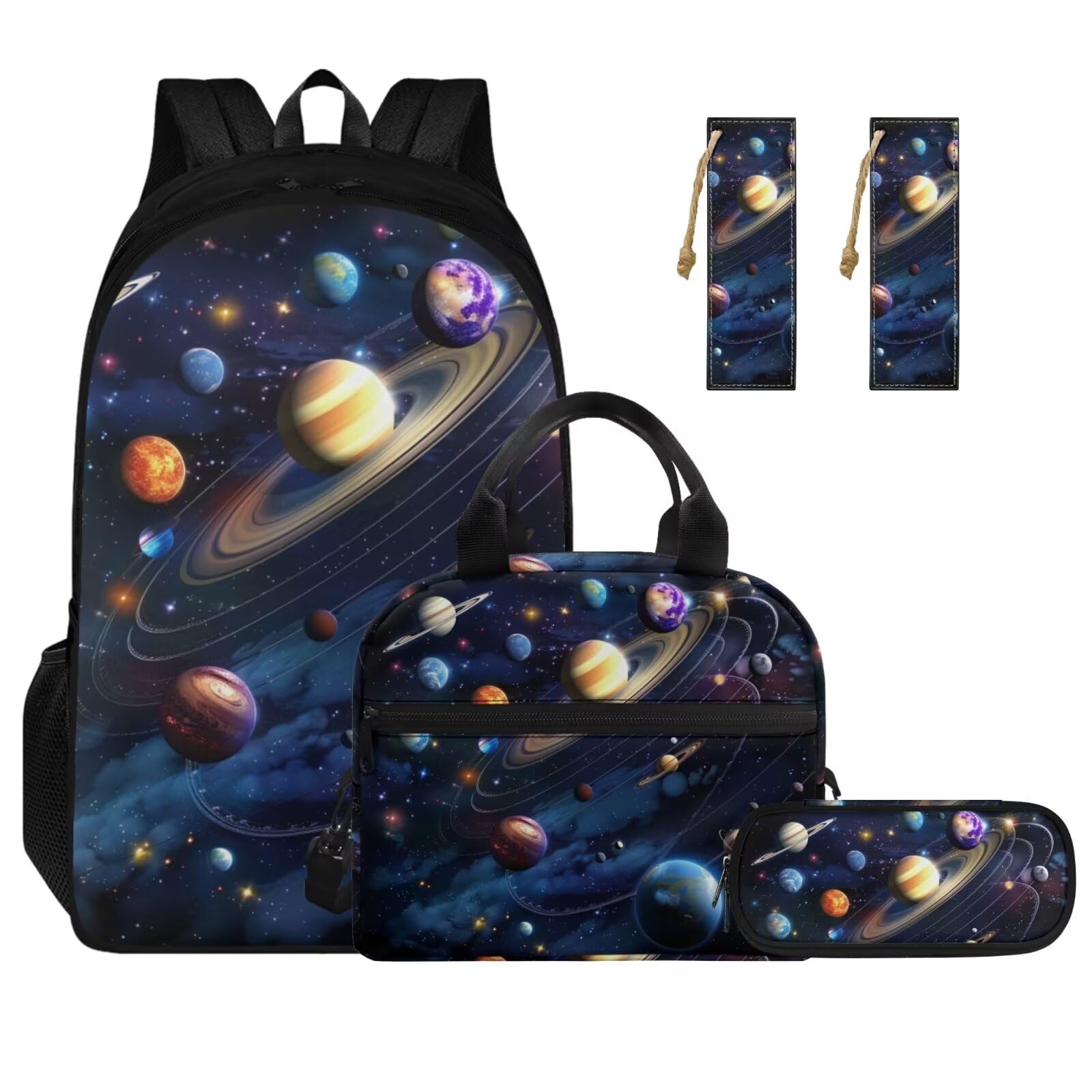 ELEDIZI Galaxy Space Backpack for Boys Kids Backpack with Lunch Box Soft Pencil Case and Leather Bookmark 4 Pcs Set 17" Bookbag with Compartments for
