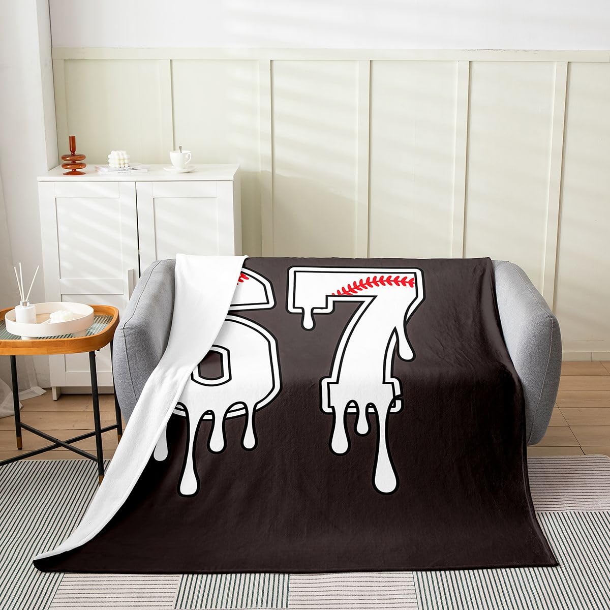 Loussiesd Six Seven 6 7 - Coperta in pile con motivo baseball, gaming, sport, coperta in flanella con motivo gelato bianco peloso, per letto, divano, sedia, soggiorno, giochi di palla, 228 x 228 cm