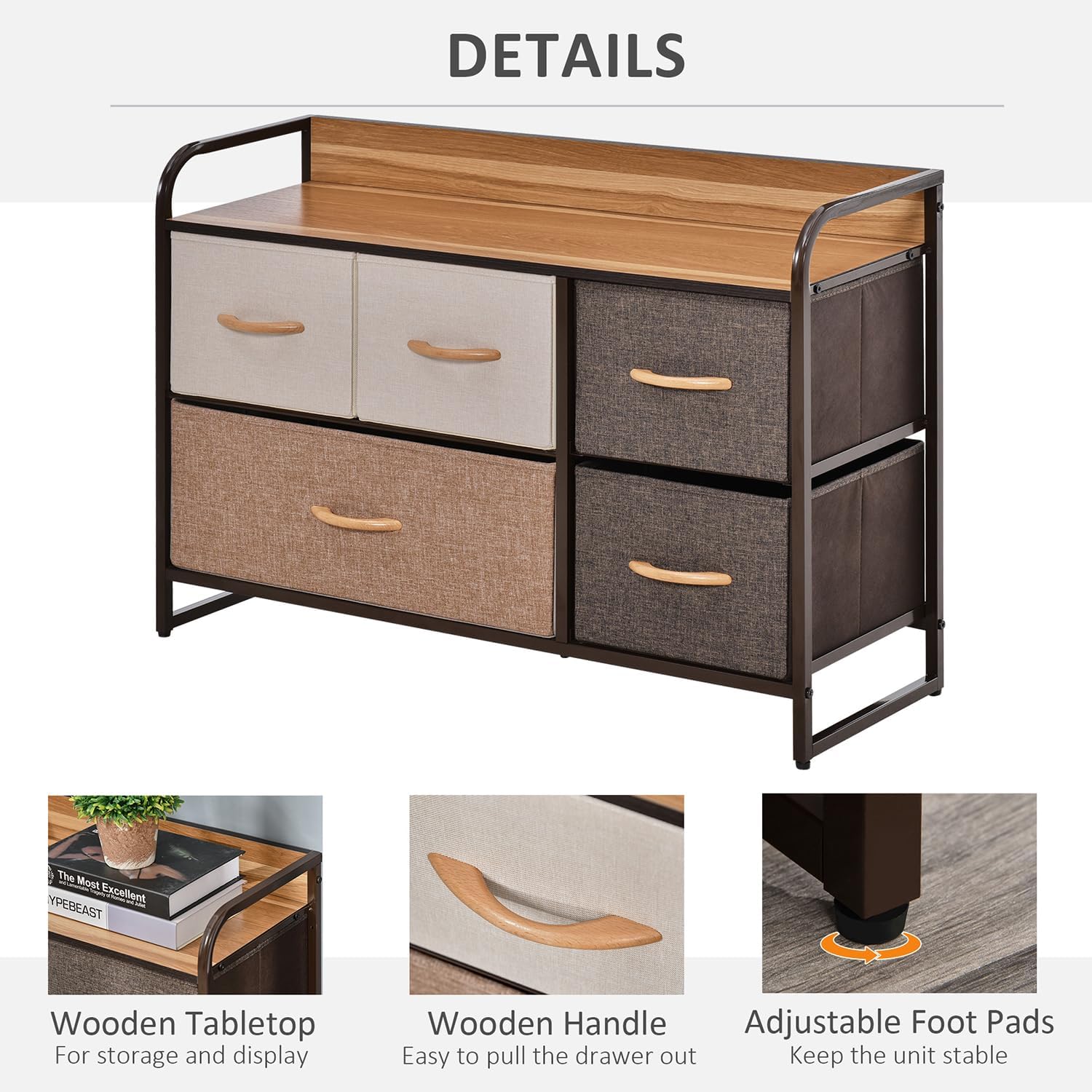 5-Drawer Cabinet, Fabric of Drawers, 2-Tier Storage for Home Entryway, Tower Unit with Steel Frame Wooden Top, Maple Wood