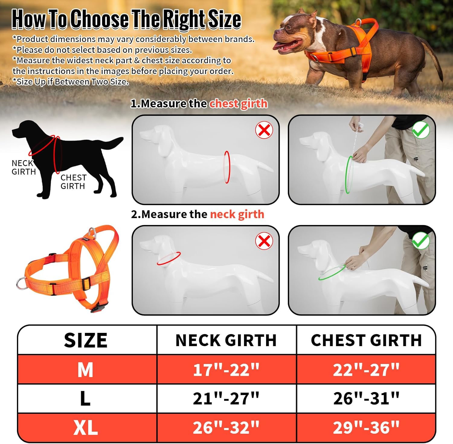 Arblina No Pull Dog Harness with Soft Mesh Padded, Fully Adjustable Walking Harness with Handle for Medium Large Dogs, Reflective Front Clip Harness for Training and Hiking, Orange, XL