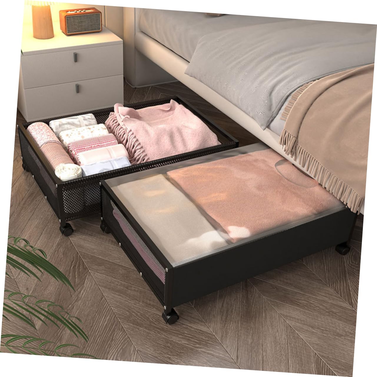 Contenedor de Almacenamiento Debajo Cama Ruedas, Negro | Tapa Transparente, Estructura Ligera en Tela No Tejida, Hierro y Pvc, para Zapatos y Prendas