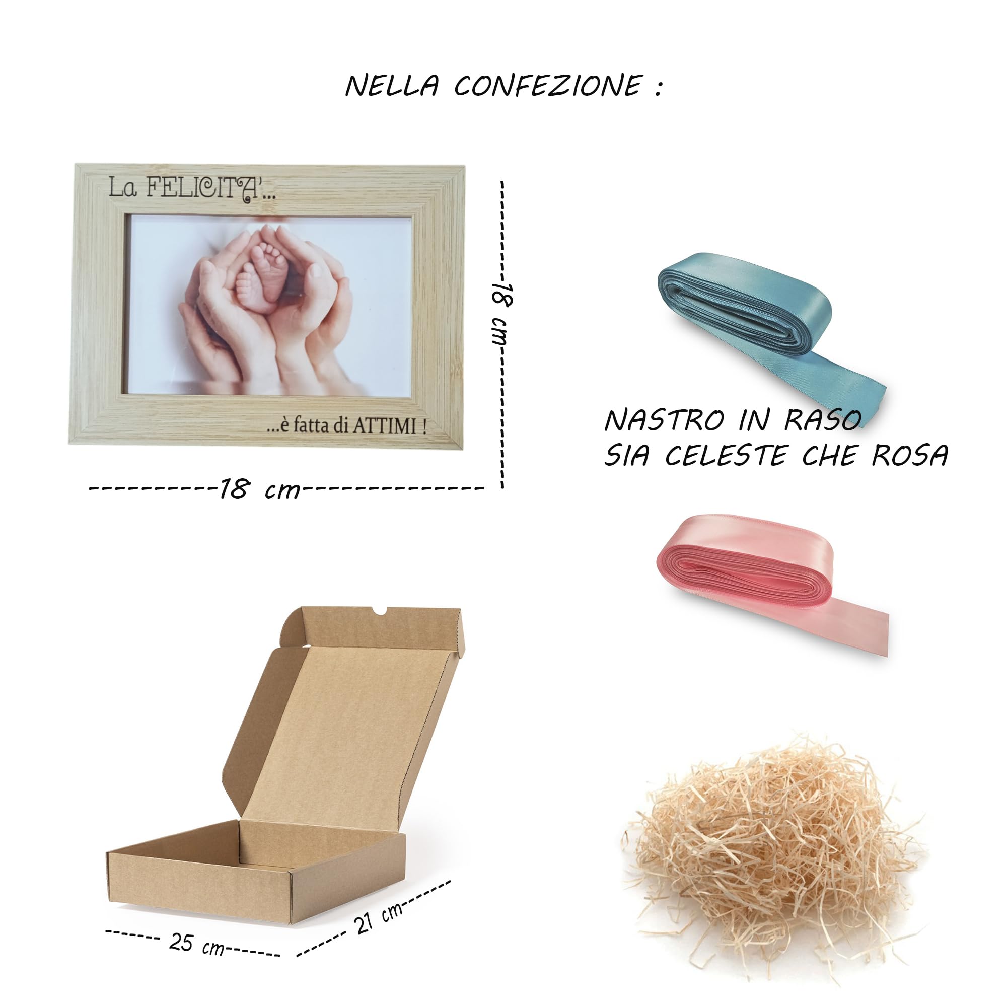 Bomboniere Battesimo Maschio Bomboniere Battesimo Bambina Cornice in Legno Naturale o Bianca Regalo Nascita in Scatola con Fiocco Regalo Neonato con Incisione Frase Felicità13x18 cm (15 pezzi)