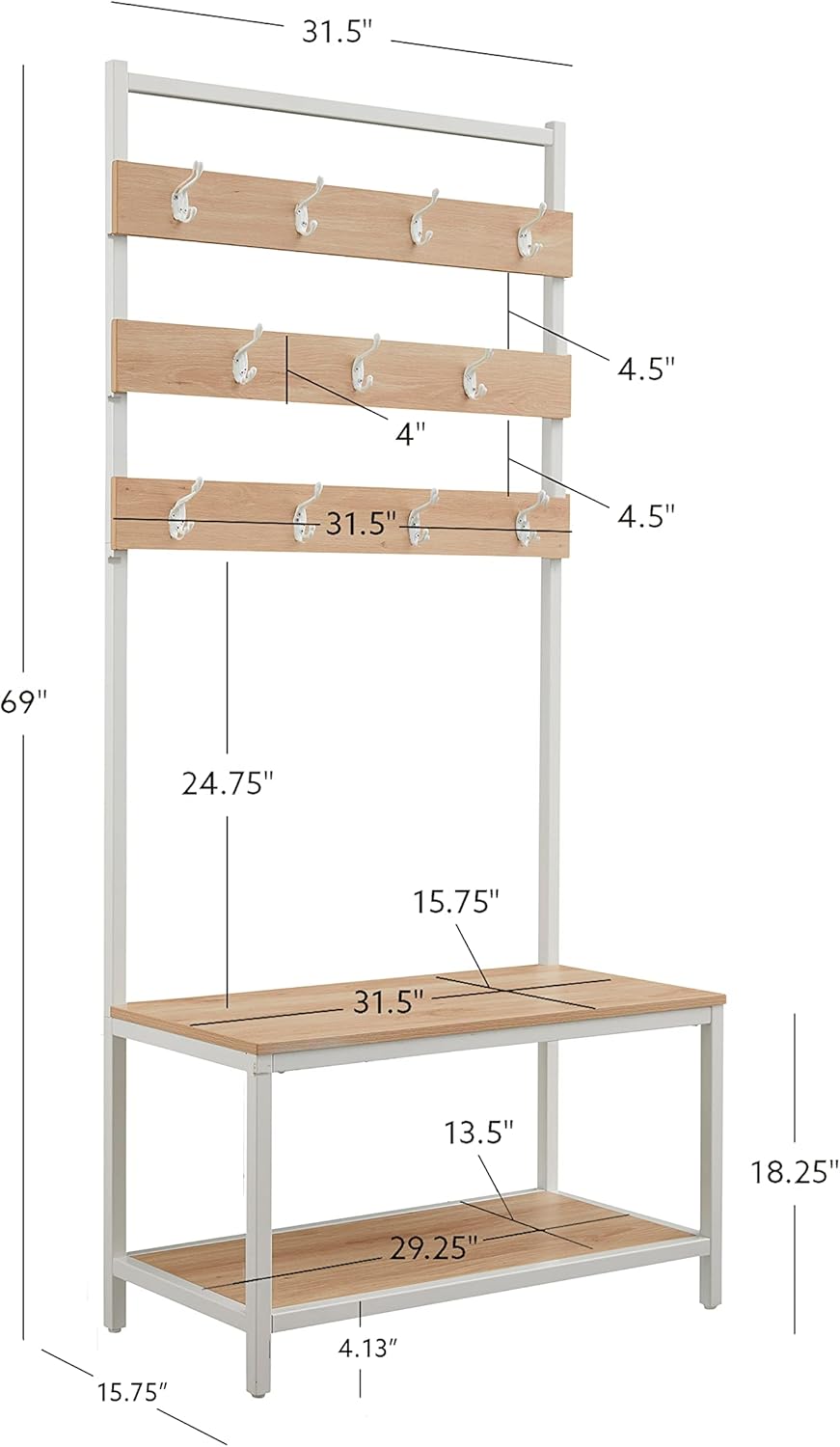 Linon Shaymus White Metal Hall Tree with Natural Wooden Topped Bench and Shelf with Multiple Hanging Hooks