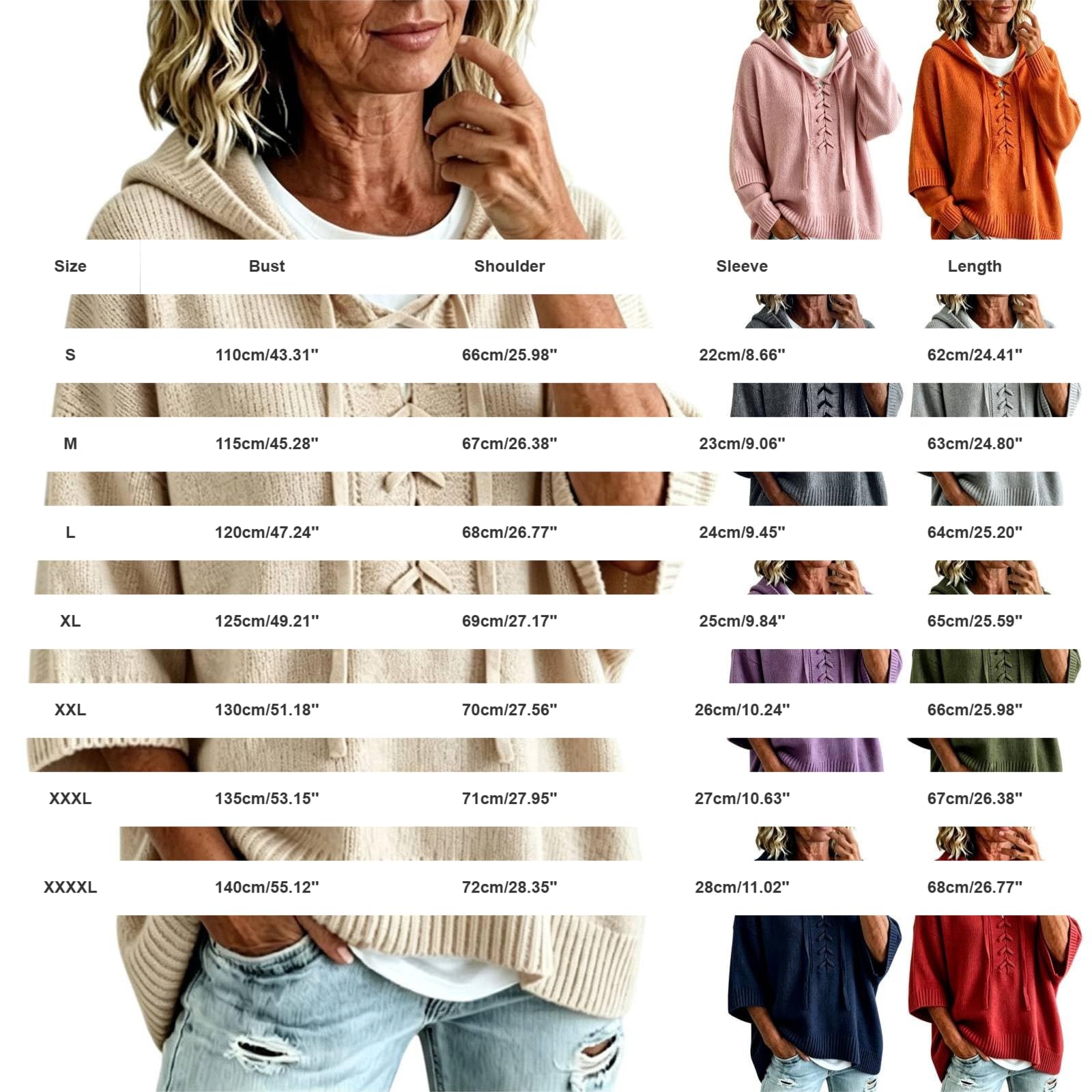 Generisch Felpa da donna in cotone, oversize, casual, tinta unita, elegante, lavorata a maglia, con cappuccio, confortevole, a maniche a 3/4, calda