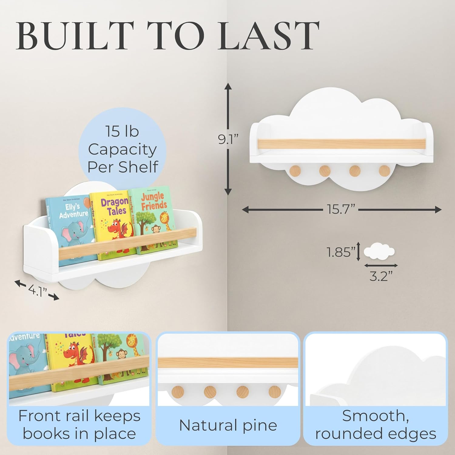 Cloud Floating Shelves Nursery Set of 3 with Decorative Mini Clouds – Wall Mounted Kids Bookshelf with Hooks, Solid Pine Rail, 15 lb Per Shelf Capacity, Nursery & Toddler Wall Decor