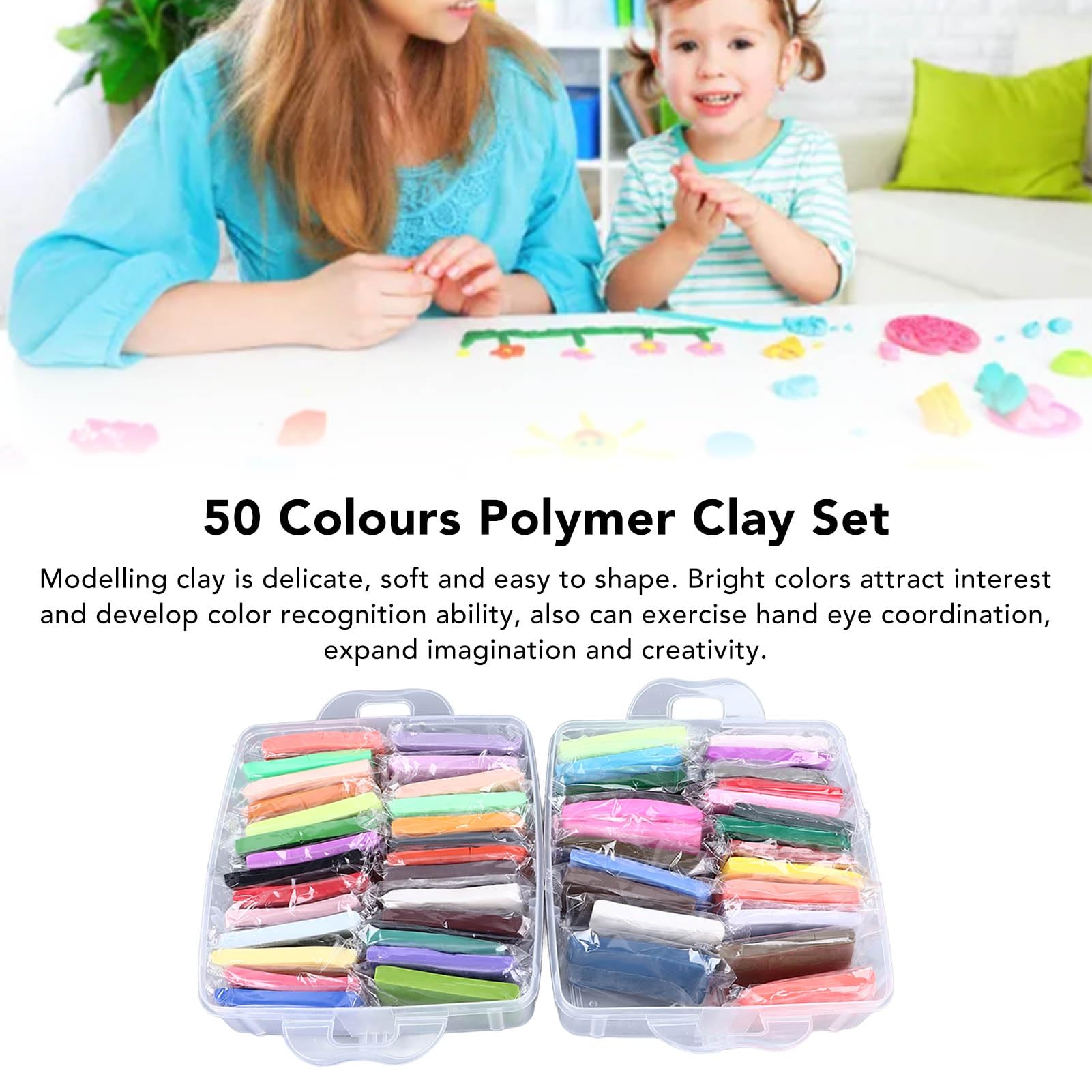 Set di 50 colori di argilla modellabile, argilla polimerica morbida che si asciuga all’aria, adatta a bambini di età superiore ai 3 anni; include 5 strumenti per la scultura e una