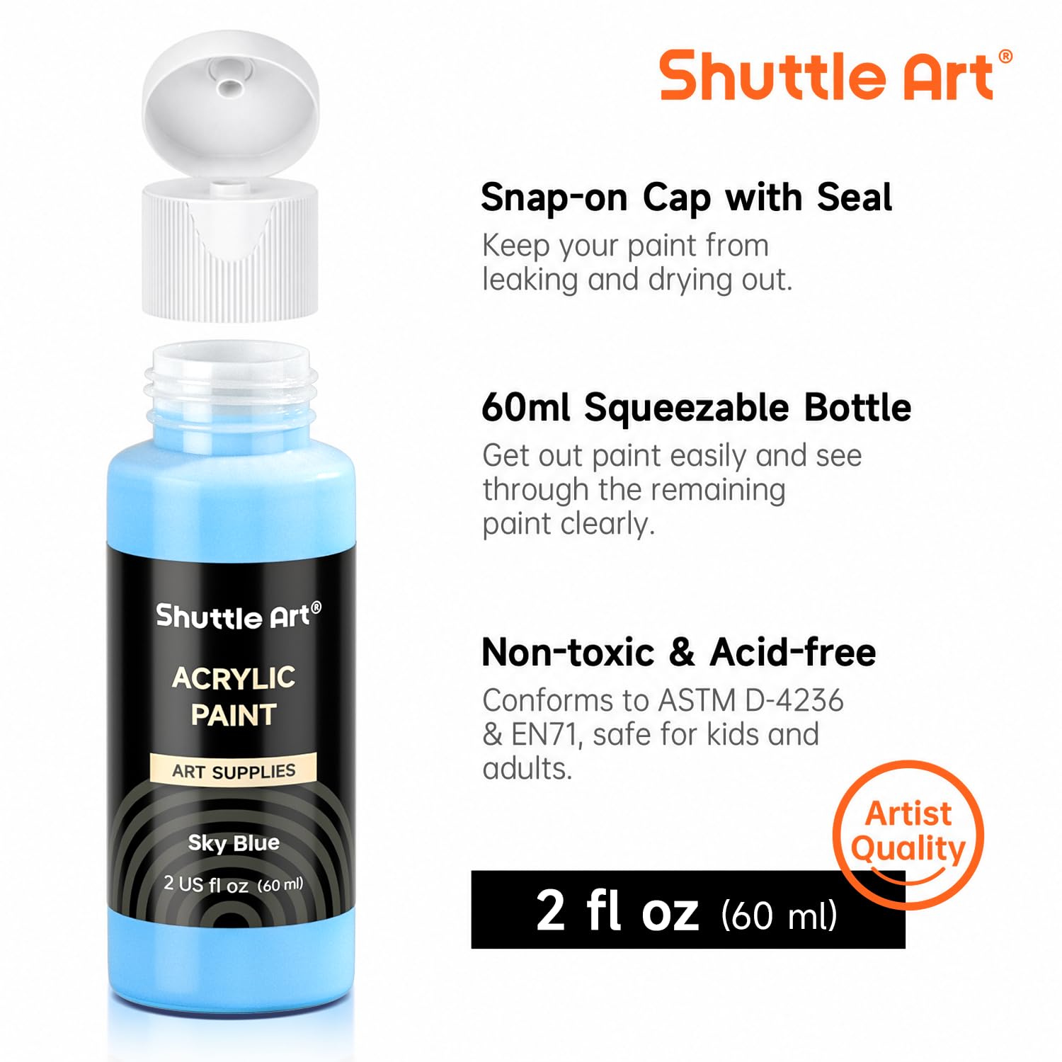 Shuttle Art Farba akrylowa, 50 kolorów, 60 ml, zestaw farb akrylowych z 10 pędzlami, wodoodporne, zestaw farb premium dla artystów, początkujących i dzieci, na płótnie, skałach, drewnianej tkaninie