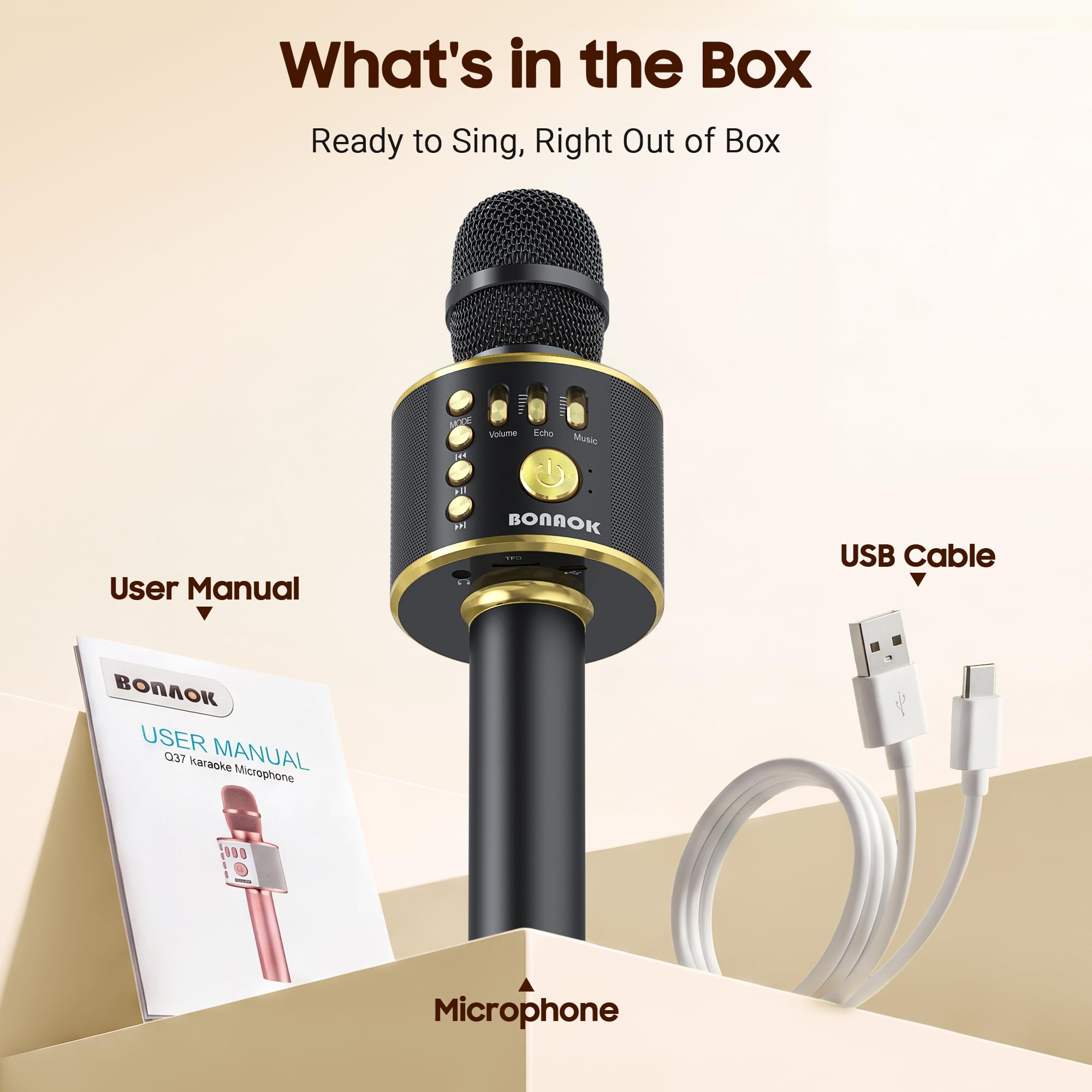 BONAOK Microphone sans Fil Karaoké, Microphone Bluetooth Lecteur Enregistreur Mini Karaoké Enfant Fête Familial pour Appareil Intelligent Android/iOS-Noir