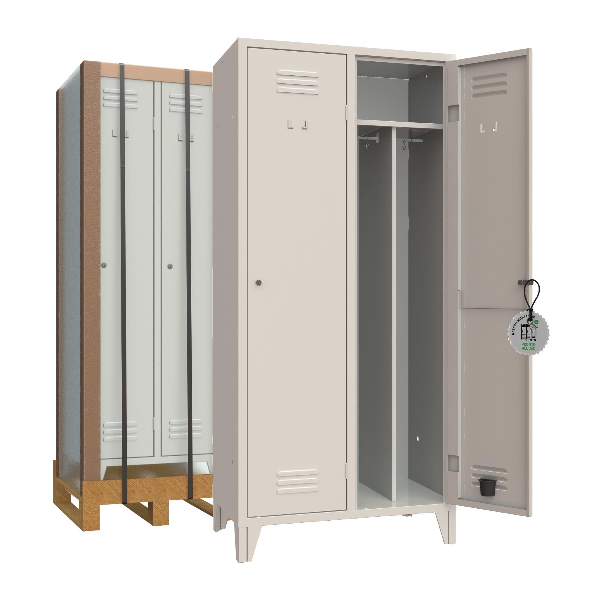 XLOCKERS Armadio Spogliatoio Monoblocco 2 Posti in Metallo - Armadio Robusto Made In Italy con Divisorio Sporco/Pulito - Grigio RAL 7035-69x50x180cm