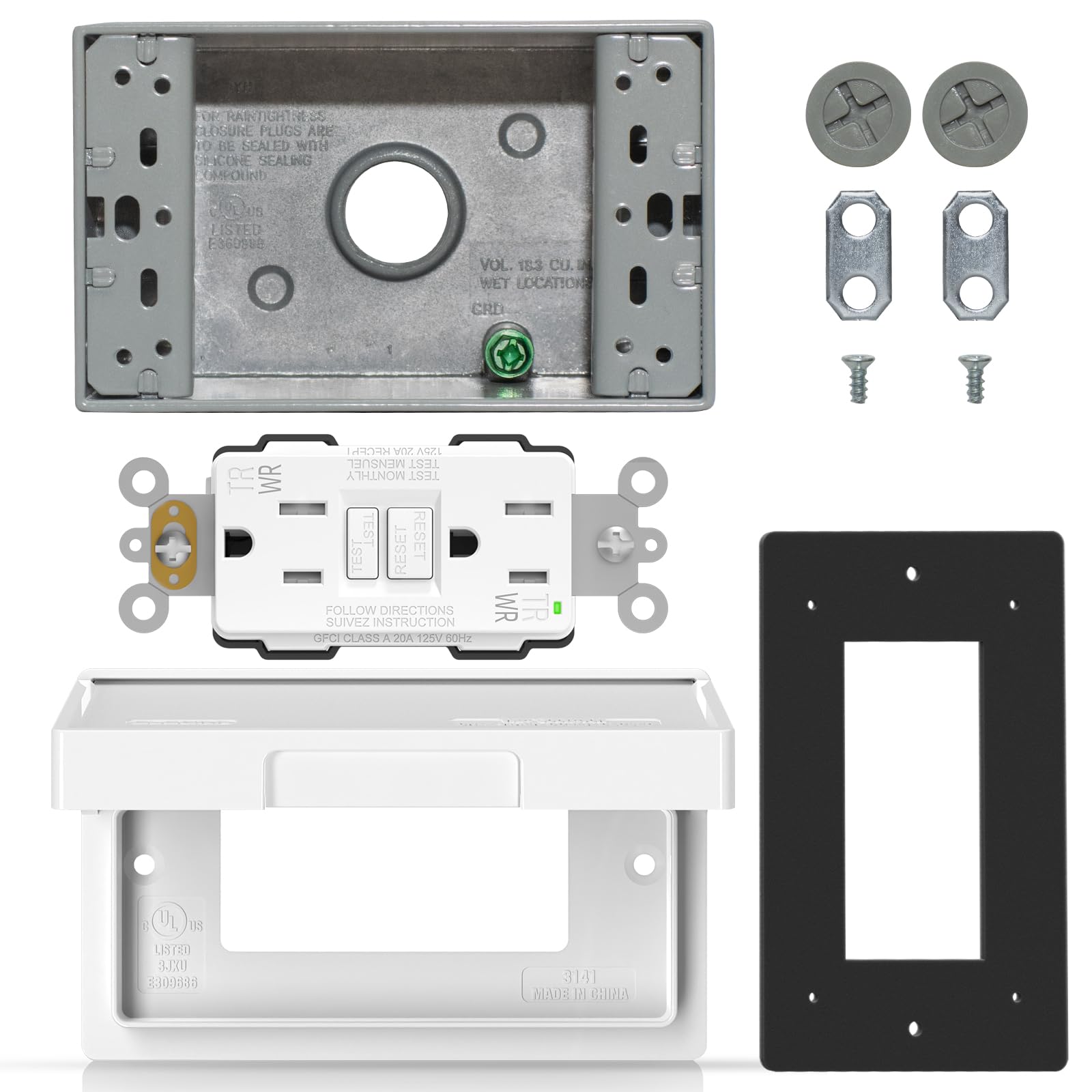 ELEGRP GFCI Kit de prise électrique 15 A, WR, avec plaque murale horizatale résistante aux intempéries, blanc, 1 paquet