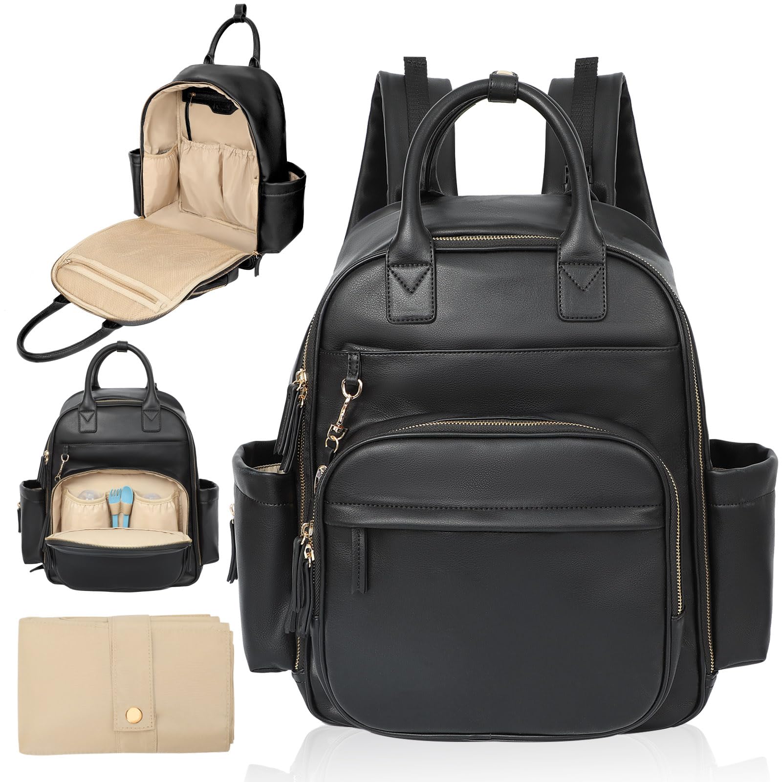 Omanmoli Diaper Bag Backpack,Leather Baby Bag with 16 Pockets,Large Travel Diaper Backpack,Baby Essential Organizer,4 Insulated Pockets,Changing Pad,
