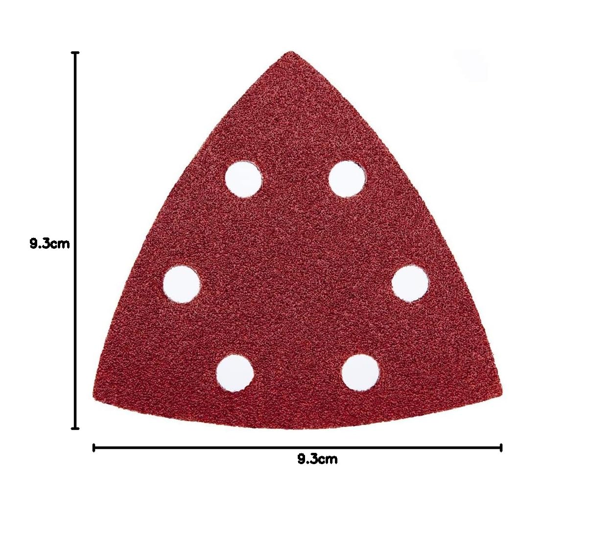 Trójkąty szlifierskie Delta z rzepem, 120 arkuszy mix, 93 x 93 x 93 mm, 6 otworów, po 20 x ziarnistość 40/60/80/120/180/240, do szlifierek delta, szlifierek trójkątnych, odsysania pyłu