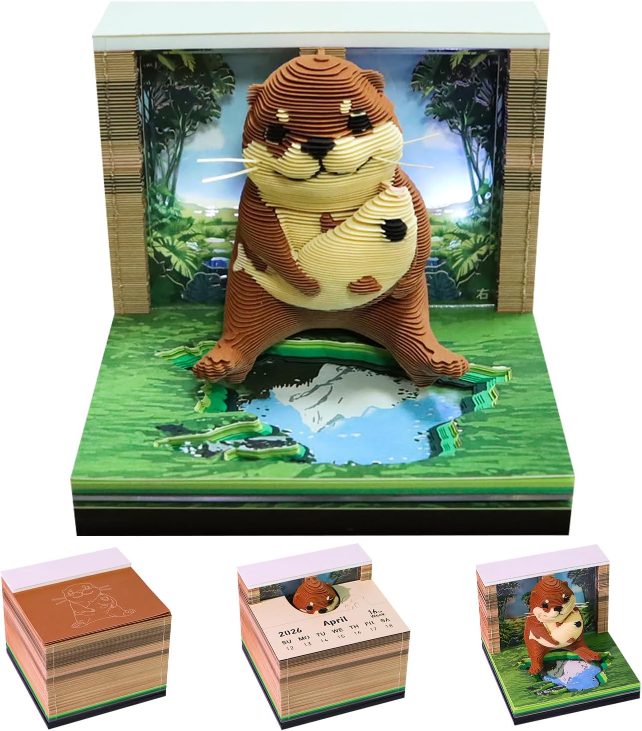 3D Calendar 2026, Timepiece Calendar 2026 with Memo Pad Notepad, Creative Weekly Planner Desk Decoration, Tear-Away 3D Artsy Pads, New Year Gift for Home Office (Battery NOT Included) (Sea Otter)