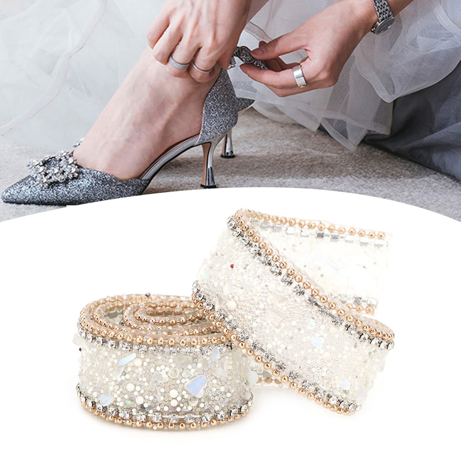 Agatige Rhinestones Ribbon, 2.5cm x 50cm Diamond Ribbon DIY Diamond Strips Crystal Rhinestone Tape Crystal Chain Trim Clothing Accessories for Arts Crafts DIY Party Decor(White Stone Gold Bead Chain)