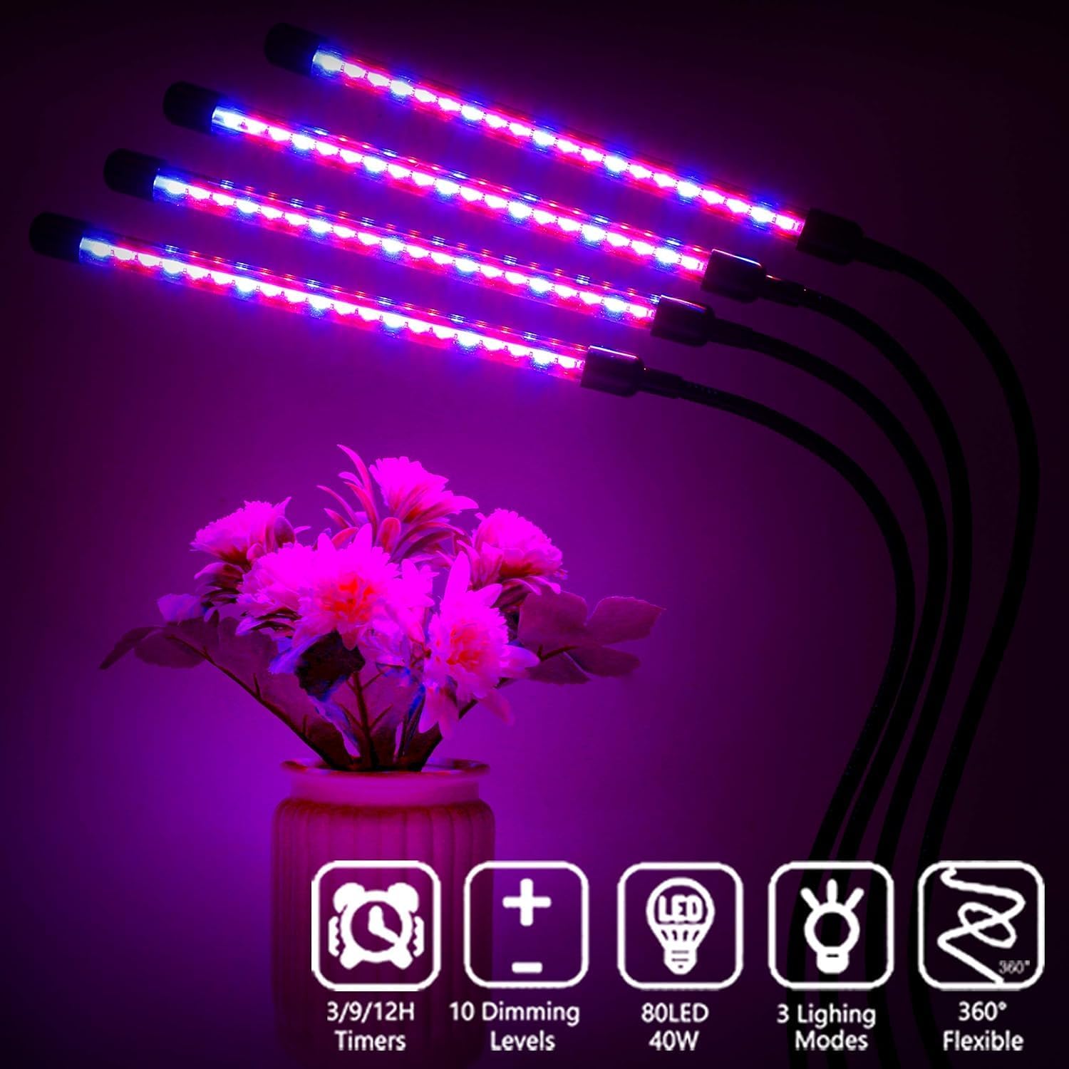 Pflanzenlampe Led Vollspektrum,Pflanzenlicht Zimmerpflanzen,Wachstumslampe Pflanzen,360 ° verstellbare Pflanzenlicht,4 Köpfe Wachstumslampe für Sämlinge und Sukkulenten