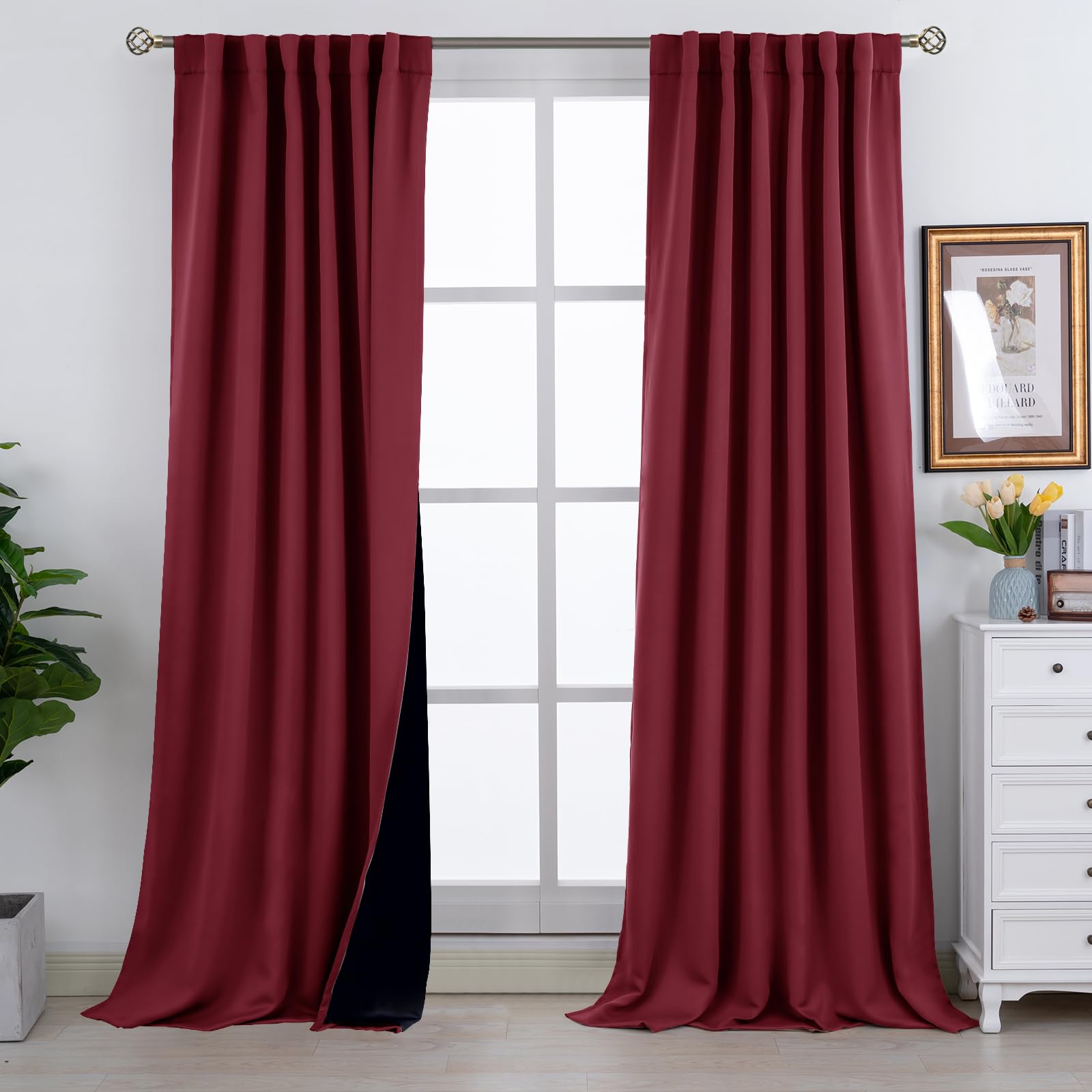 BGment Full Blackout Curtains with Thermal Insulation Liner Curtains 108 Inches Long, Rod Pocket and Back Tab Double Layer Room Darkening Window Curtain for Bedroom(52 x 108 Inch, 2 Panels, Burgundy)