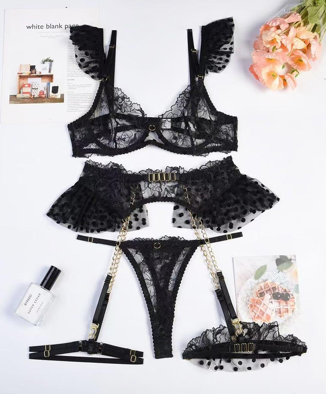 Sexy Strappy Floral Lace Underwire Babydoll Garter Belt Lingerie Set for Women Sheer Bra and Panty with Chain - Image 5