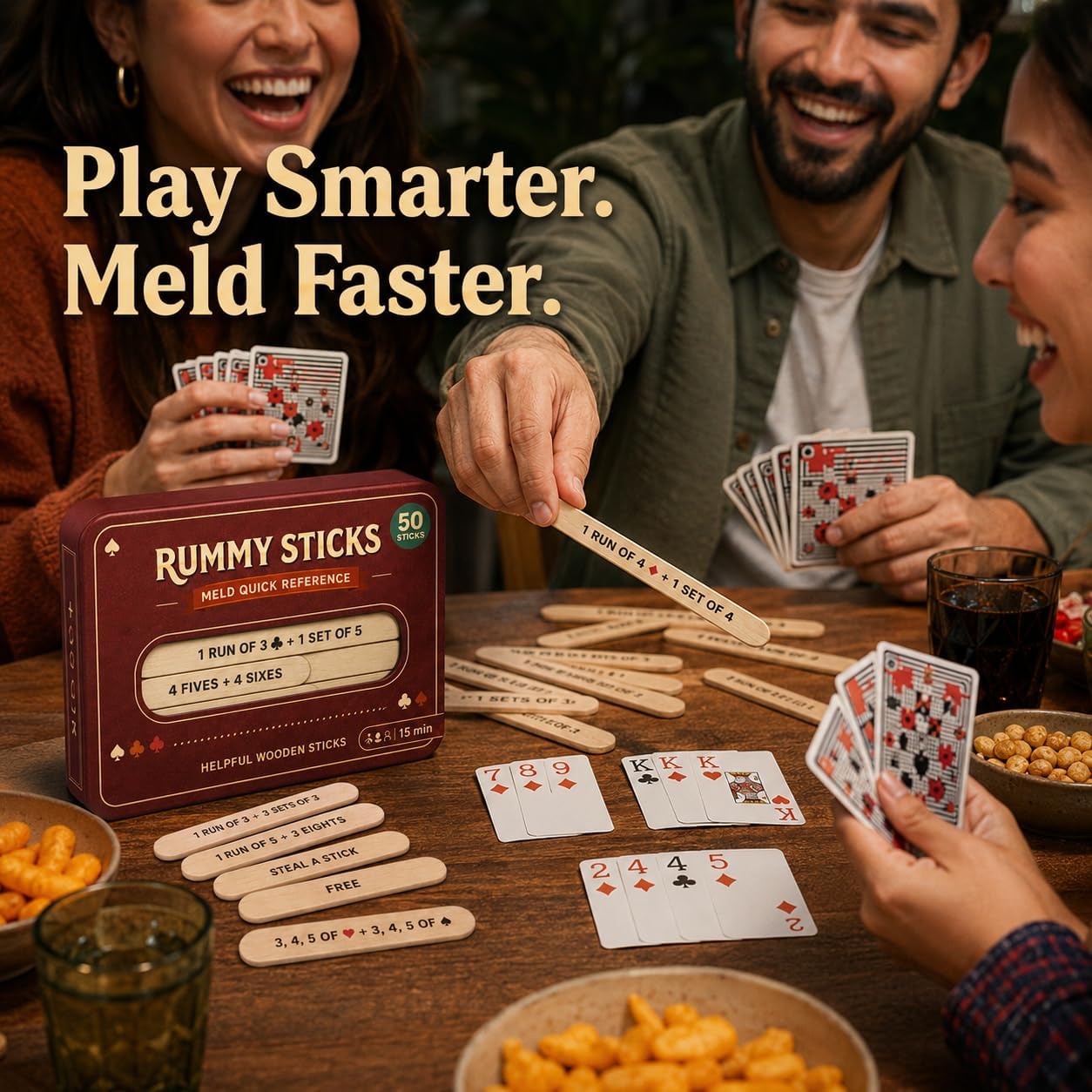 Rummy Sticks Card Game Set with 50 Sticks, for 2-8 Players, Portable Travel Game with Box and Instructions for Family Game Night and Gatherings image 5