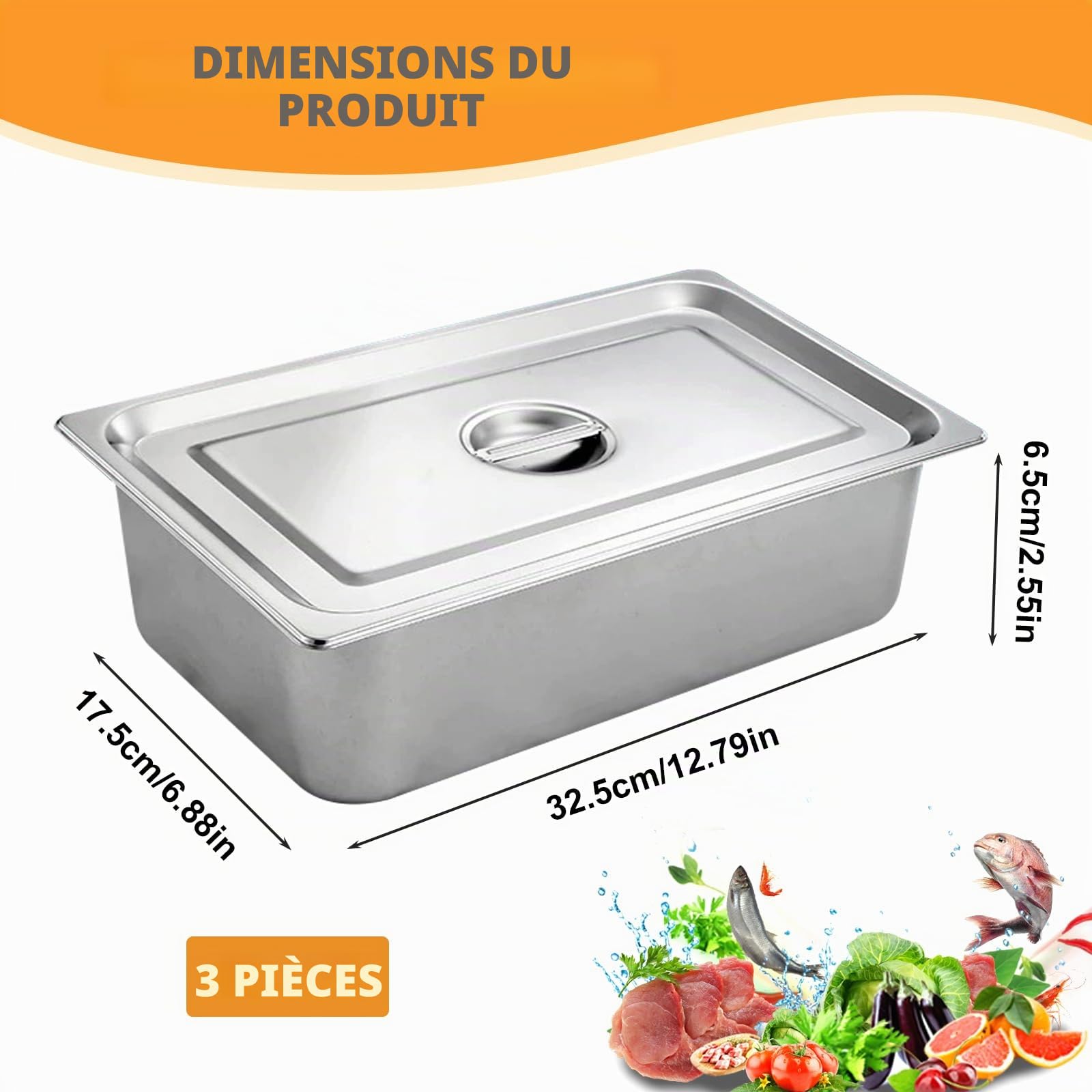 PORFOYO 3 Pièces Récipients En Acier Inoxydable, Bac Inox Alimentaire 32,5 X 17,5 X 6,5cm, Plat Four Rectangulaire, Plats À Four En Acier Inoxydable, Plat Inox Rectangulaire Avec Couvercle