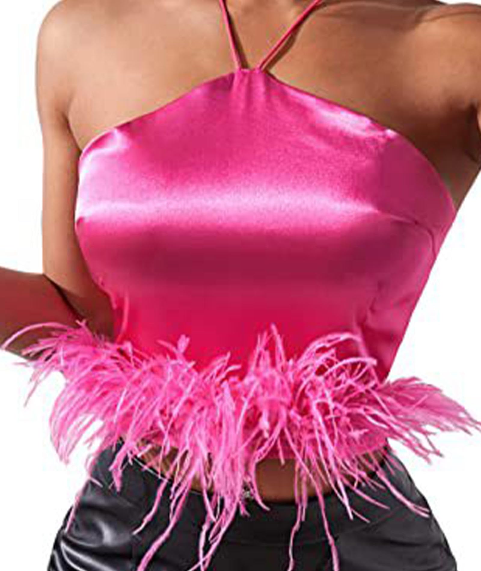 xxxiticat Canotta pelosa da donna senza maniche Halter Lace Up Open Back Faux Fur Tube Shirt Party Satin Slip Feather Crop Top