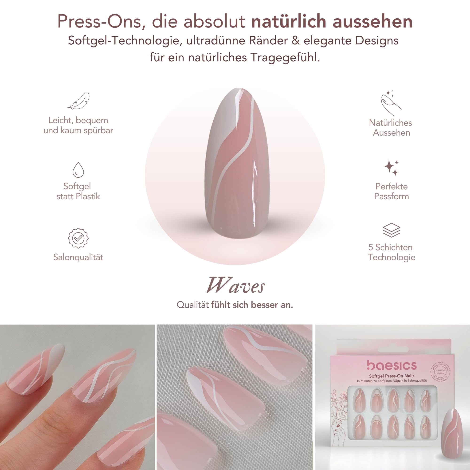 Baesics Softgel Press On Nails Waves - Uñas postizas autoadhesivas cortas