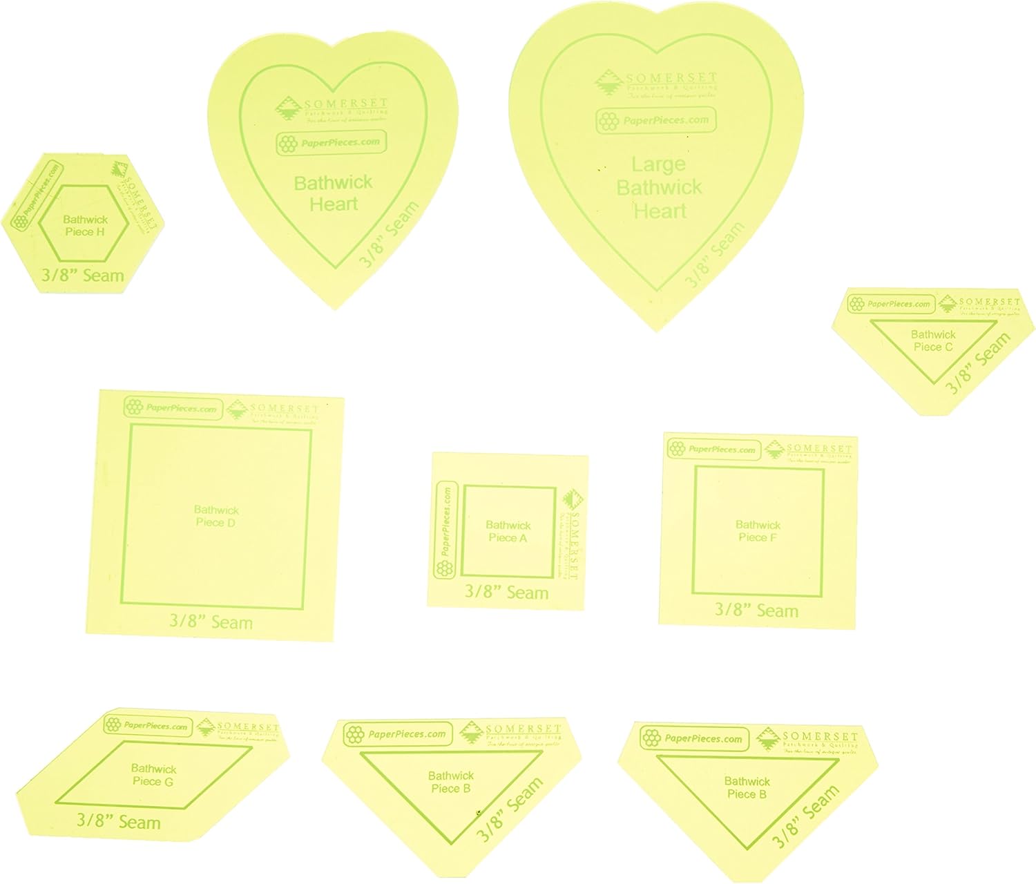 紙ピース &ndash; Bathwick アクリルテンプレートセット &ndash; 10ピース 3/8インチの縫い目許容度