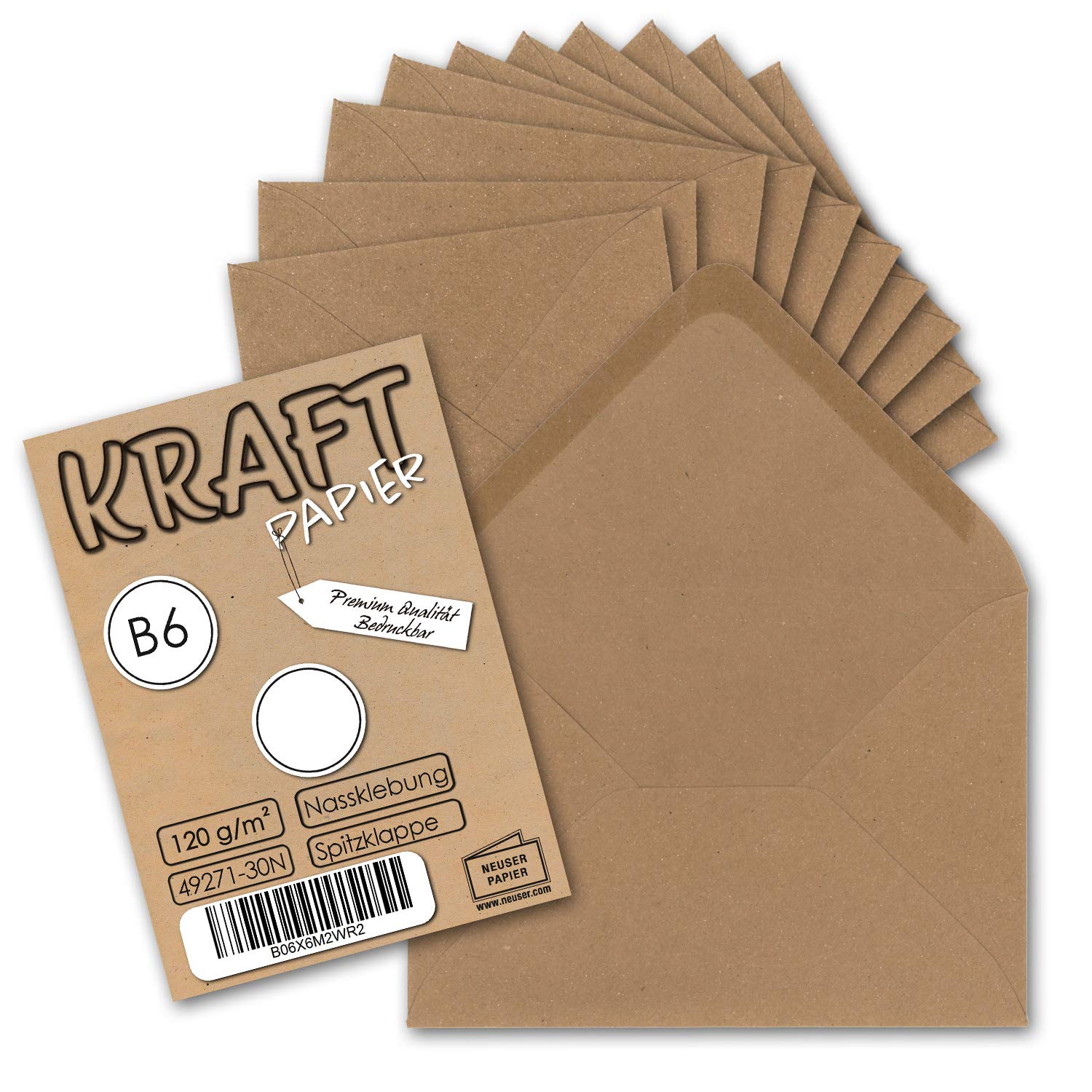 Neuser Ecological Kraft Paper Card and Envelope Set Sand Brown - 30 25 Umschläge 05 DIN B6-Umschläge-Nassklebung