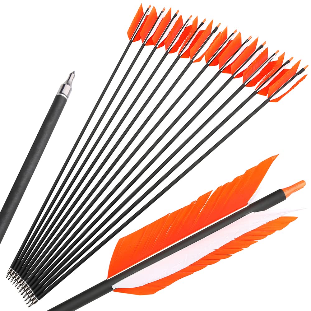wolfman 12 Stück 30 Zoll Carbonpfeil 500 Spine mit 4 Zoll Truthahnfedern,Flu-Flu Jagdpfeile für Recurvebogen Compoundbogen Jagd & Training