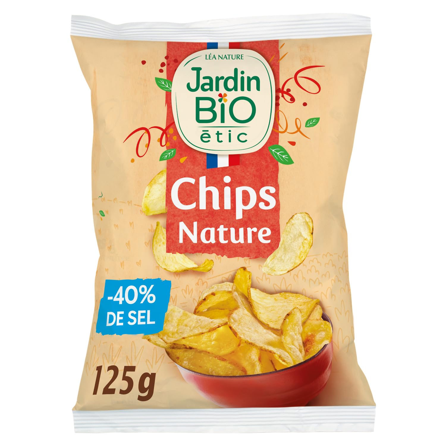 JARDIN BIO ETIC Chips Pomme de Terre Nature Bio 125g — Réduction de Sel, Origine France, Sans Huile de Palme - Lot de 6