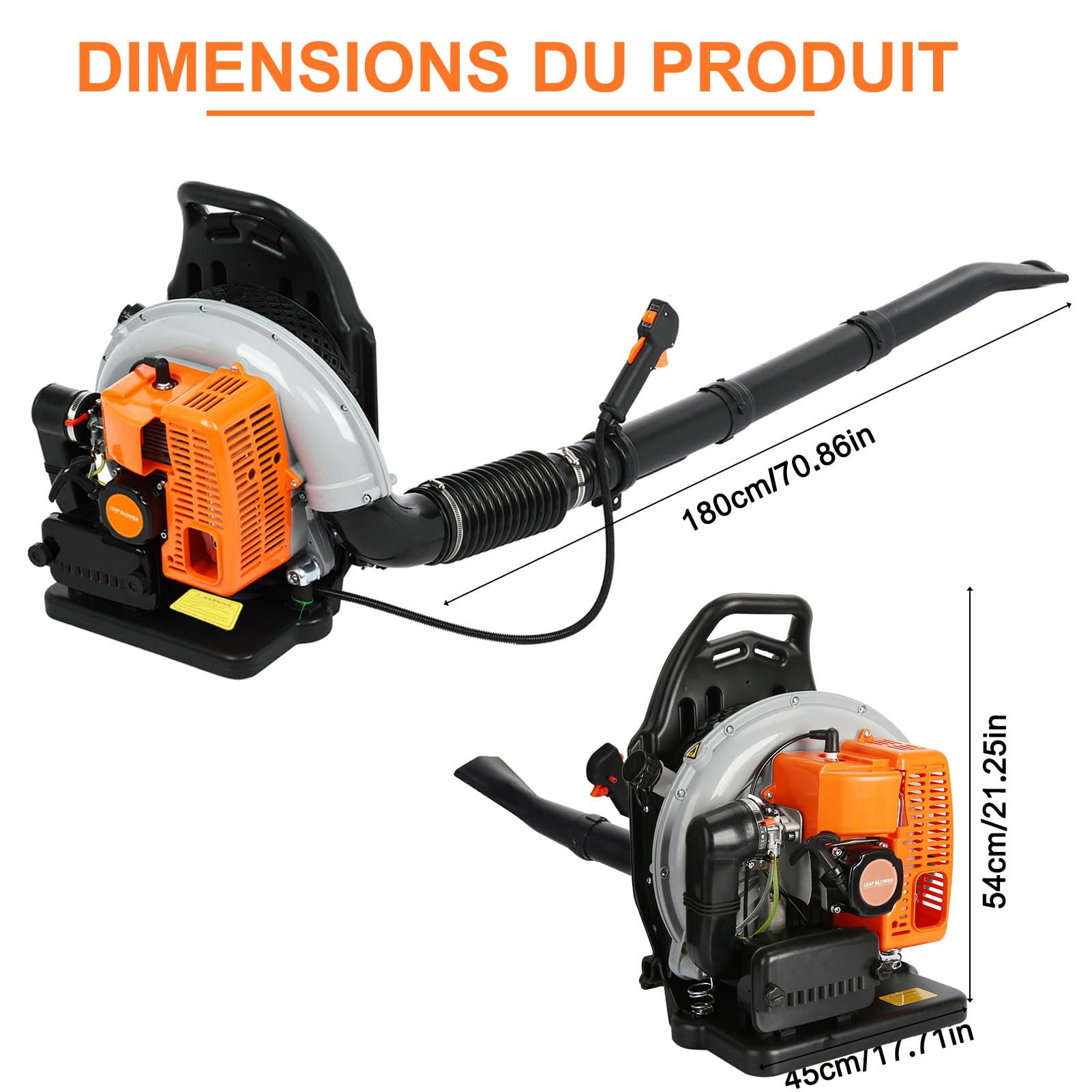 Souffleur Thermique 2 Temps 63 CC, Souffleur Feuille Thermique à Dos à Neige Haute Résistance pour l'Extérieur, Orange-A