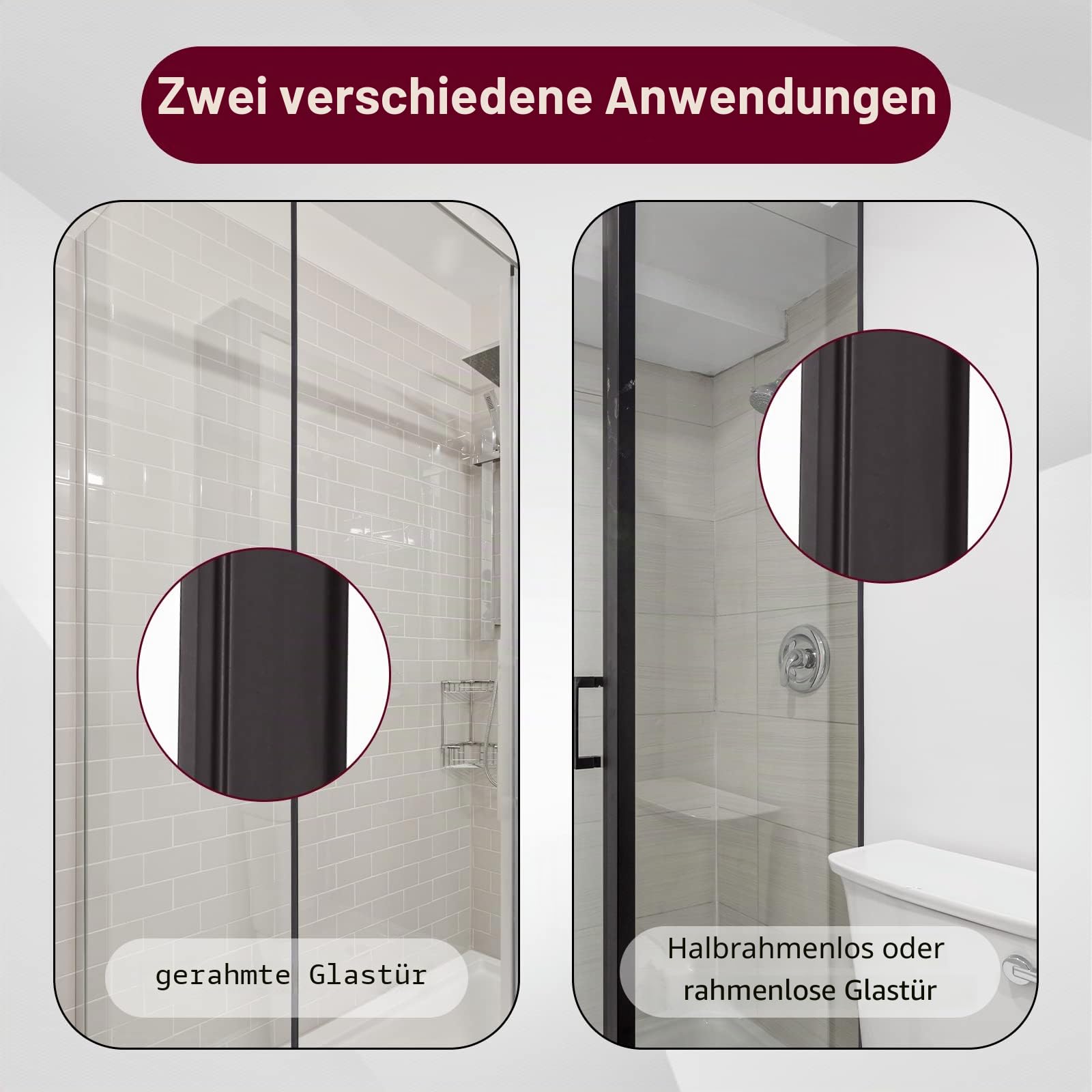 Magnetstreifen für Duschtür, flexibler Magnetstreifen, Duscheinsatz, Ersatz für gerahmte, halbgerahmte, schwingende Glasduschtür (2 Rollen, 160 cm pro Rolle)