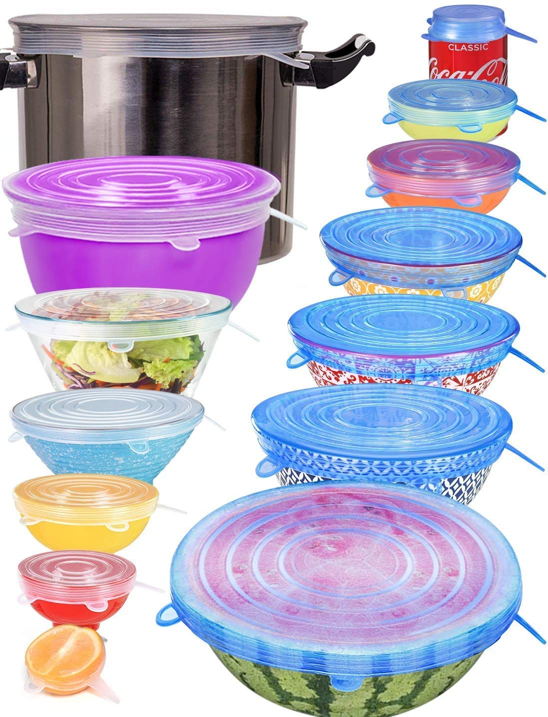 Set of 6 Reusable Safety Silicone Stretch Dishwasher Microwave and Freezer Safe Lids Flexible Covers for Rectangle Round Square - Bowls Dishes Plates Cans Jars Glassware and Mugs - Multicolour