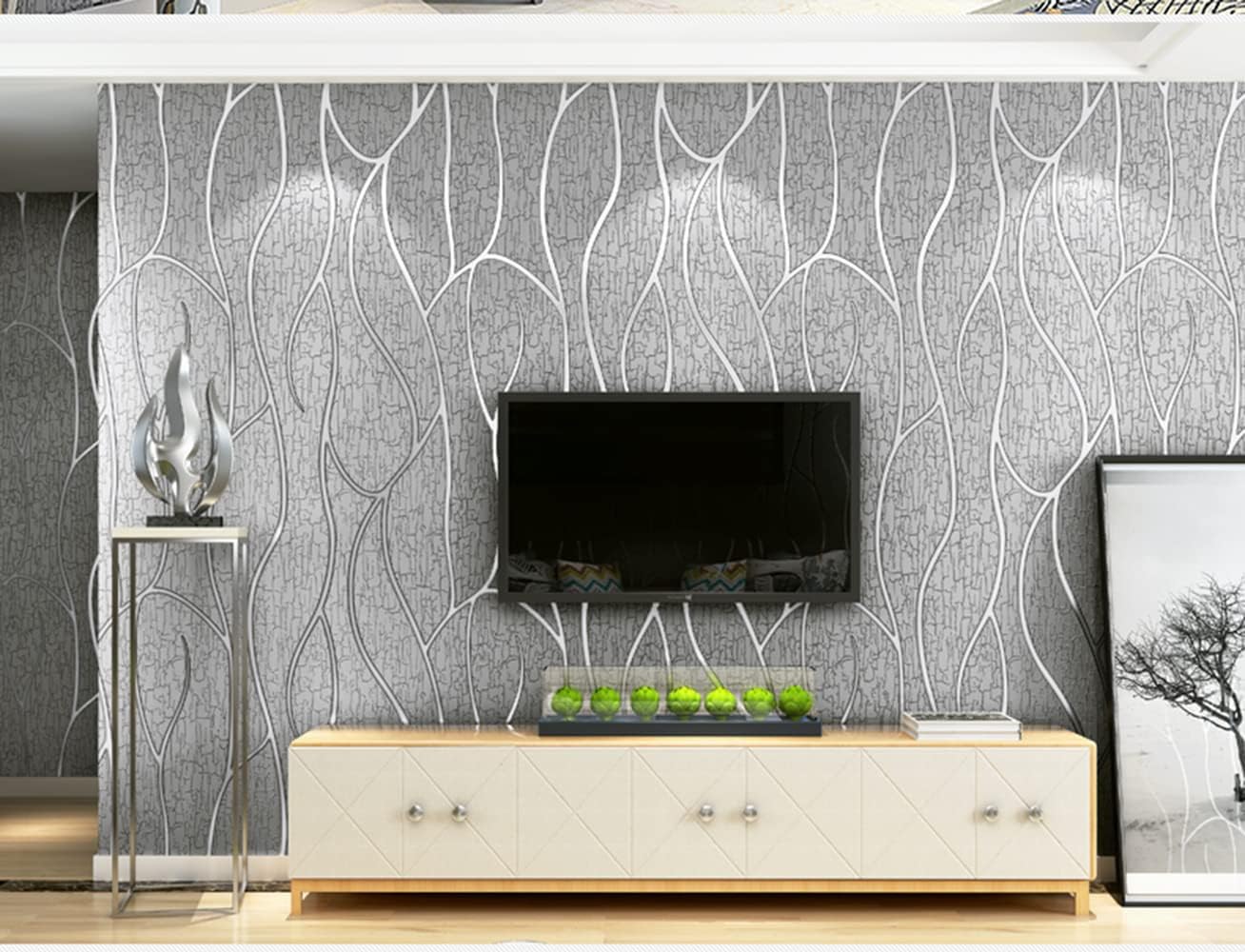 Q QIHANG Modern Minimalist Non-Woven Thickened 3D Embossed TV Wall TV Background Wall Living Room Bedroom Wallpaper 1.73' W x 32.8' L (Gray)