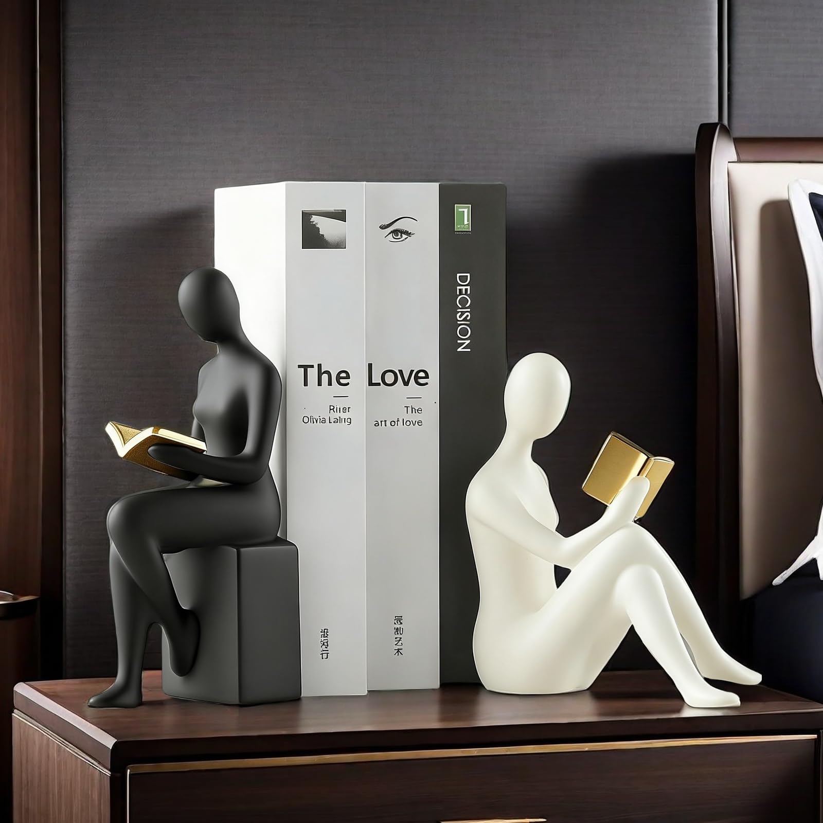 Fermalibri decorativi per la casa, con statua di donne e ragazze, elegante in resina, per libreria, ufficio, scrivania, fermalibri, set di 2 (bianco e nero)