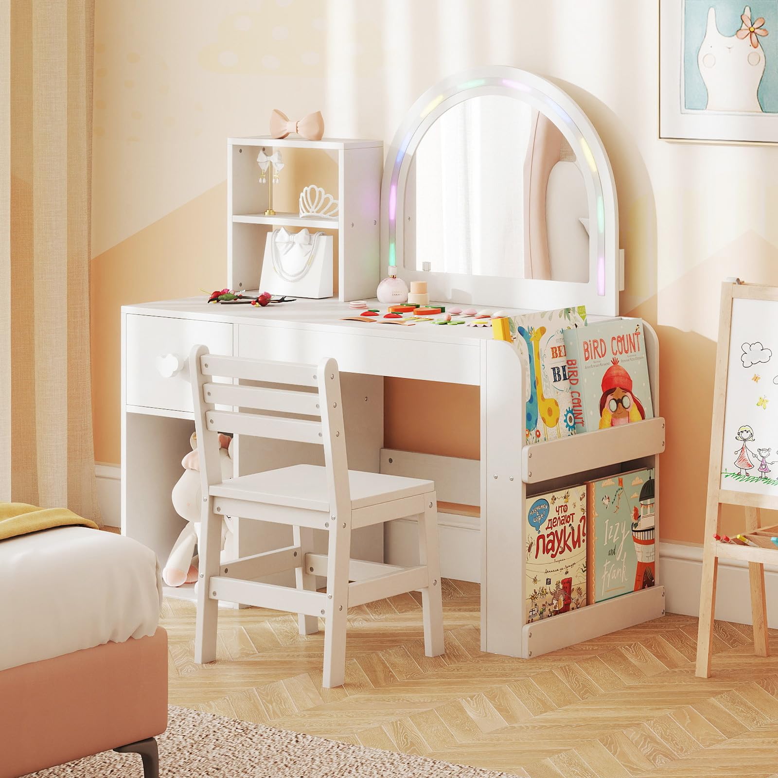 Costzon Girls Vanity Set with Lighted Mirror, Bookshelf, Drawer, Storage Cabinet &amp; Shelves, Toddler Makeup Vanity Desk Dressing Table, Wooden Kids Vanity Table and Chair Set (White)