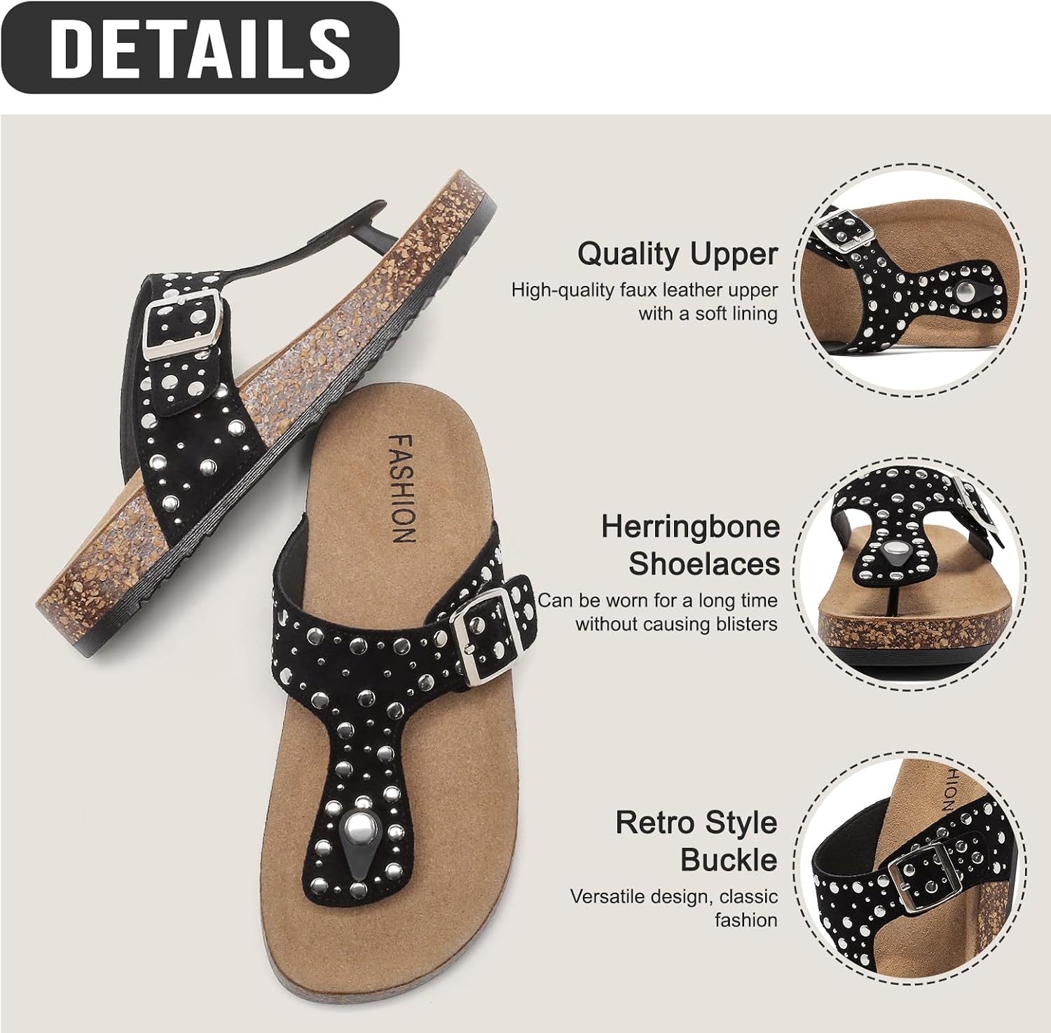 Thong Sandals for Women & Men, Comfort Cork Footbed Flip Flops with Adjustable Buckle Non-slip Summer Beach Slides Unisex Stud Sandals