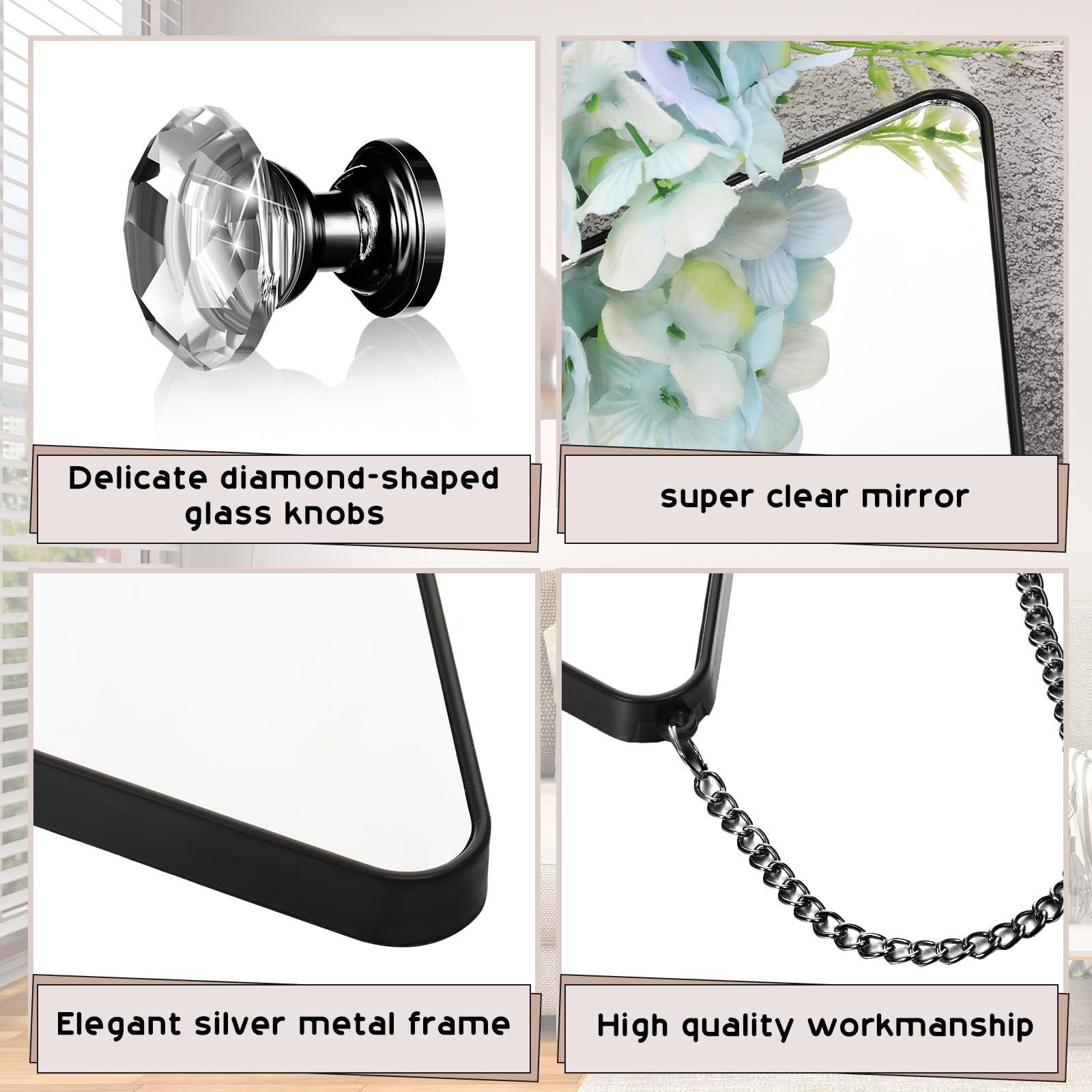 6 Pcs Diamond-Shaped Wall Mirror Set With Gold Chain - Decorative Hanging Mirrors For Home Decor