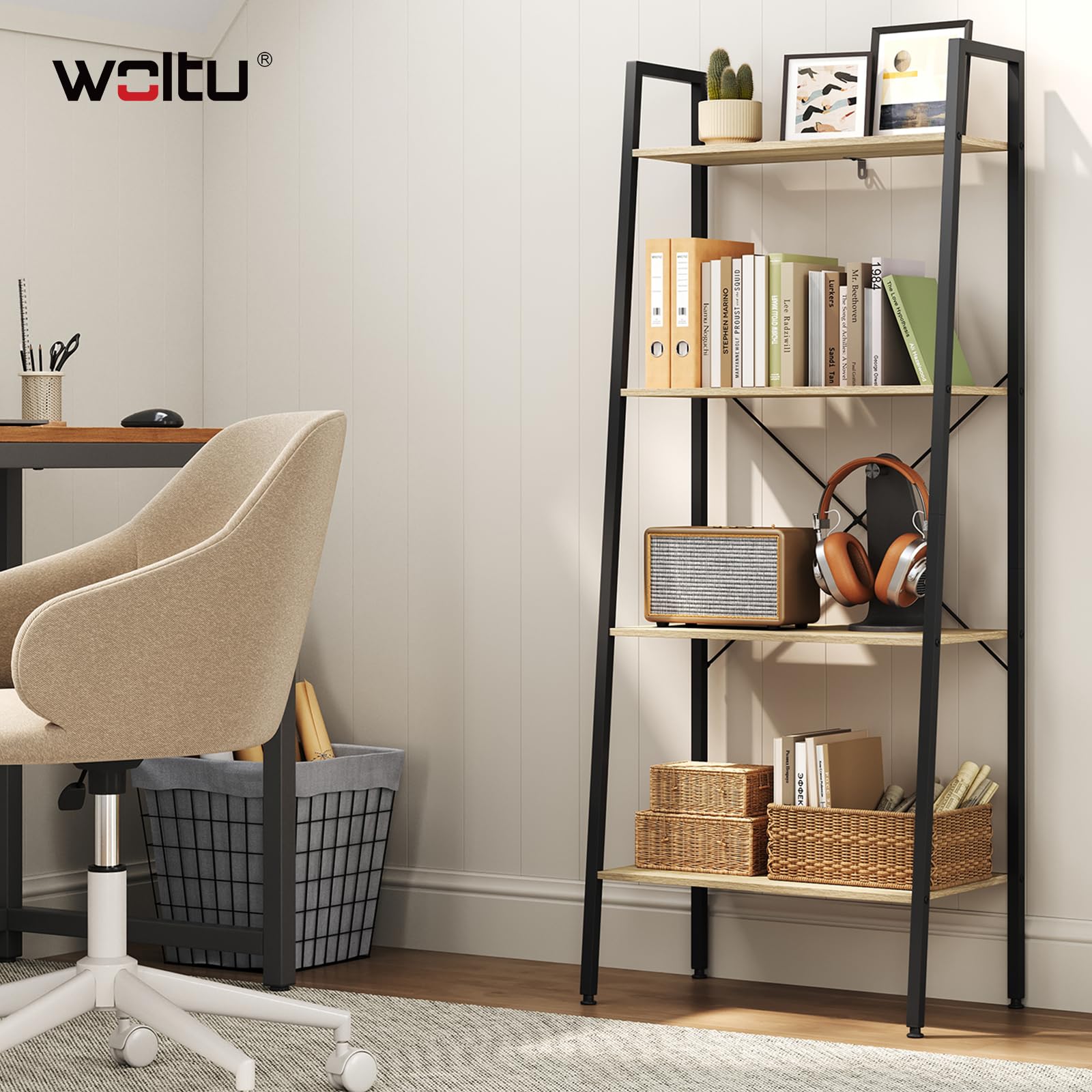WOLTU Estantería Multiusos Moderna de 4 Niveles Librería para Sala de Esta Escalera de Flores Blanco + Roble Claro RGB9283whe