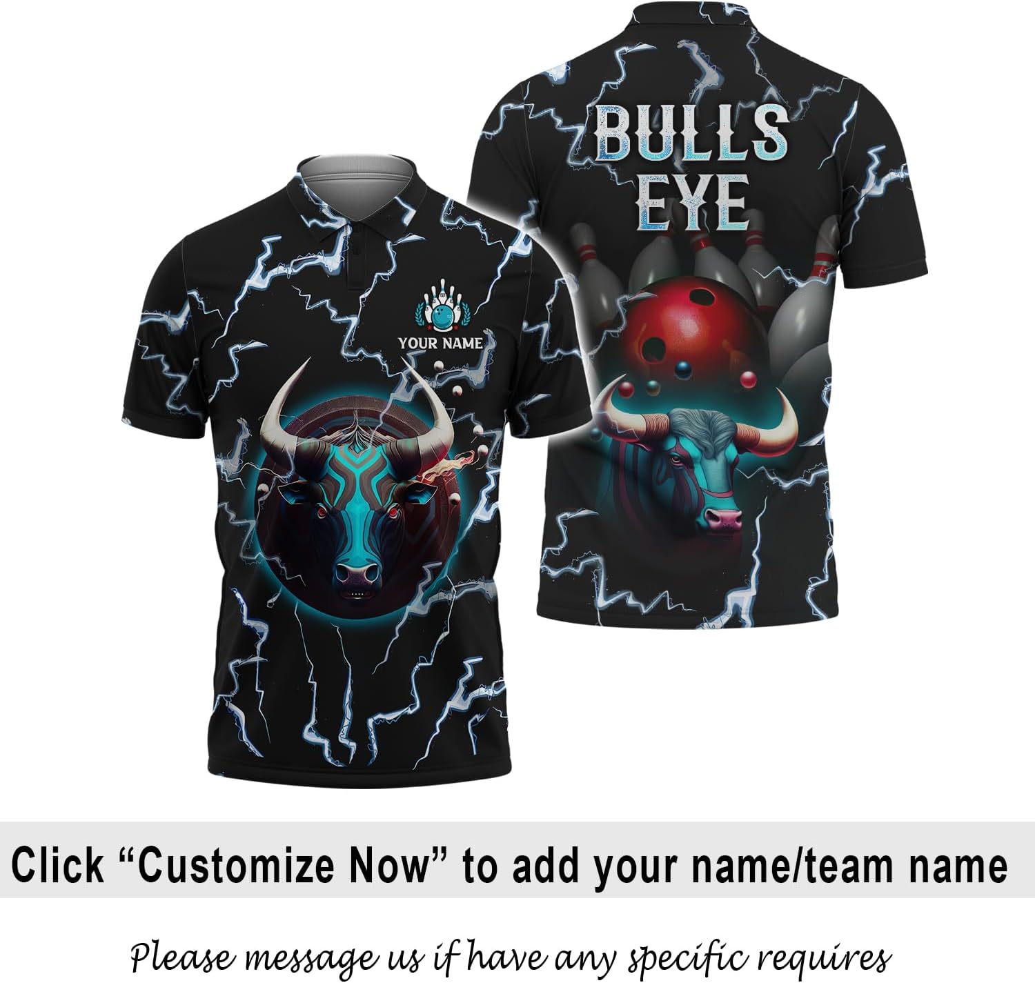 3D Customized Bullseye Bull Bowling Polo Thunder Lightning Bowling Novelty Shirt Gift for Bowler Men Women