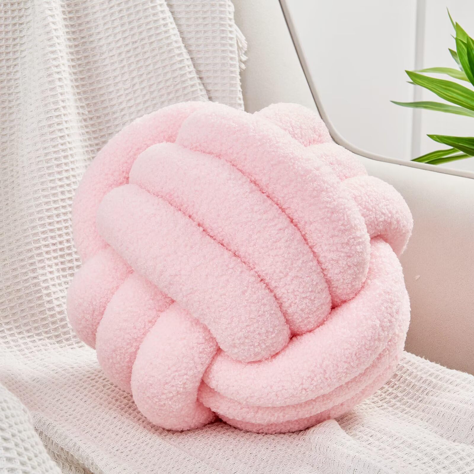 Uvvyui Knot Pillow Ball, Soft Home Decorative Pillows, Round Throw Pillow, Handmade Knotted Plush Pillow, Round Boucle Pillow Cushion (8.6 Inches Pink)